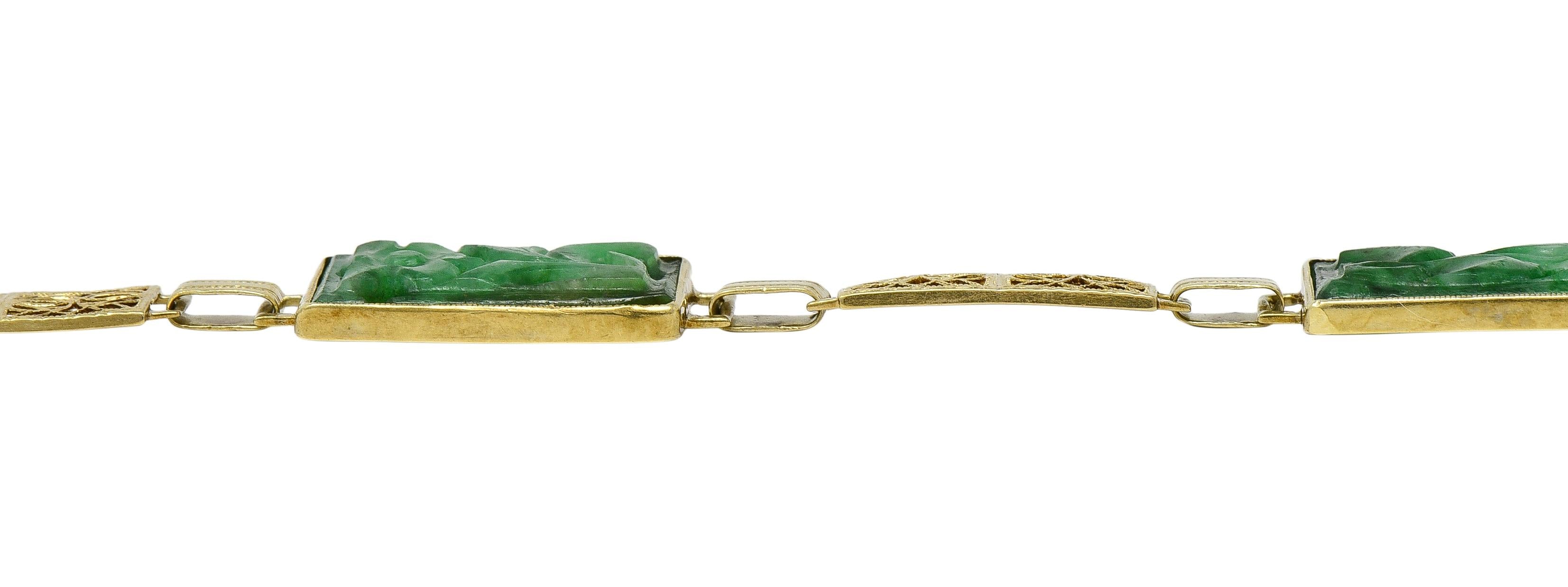 Fritzsche & Co. Art Deco Carved Jade 14 Karat Gold Antique Floral Link Bracelet