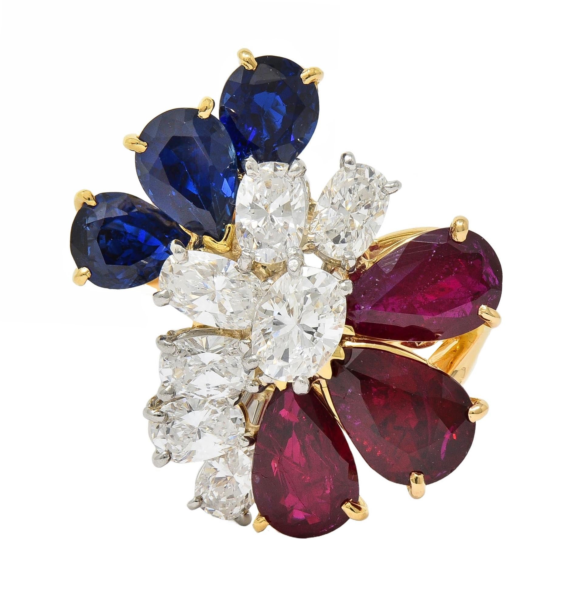 Oscar Heyman Diamond Ruby Sapphire Platinum 18K Gold Cluster Ring