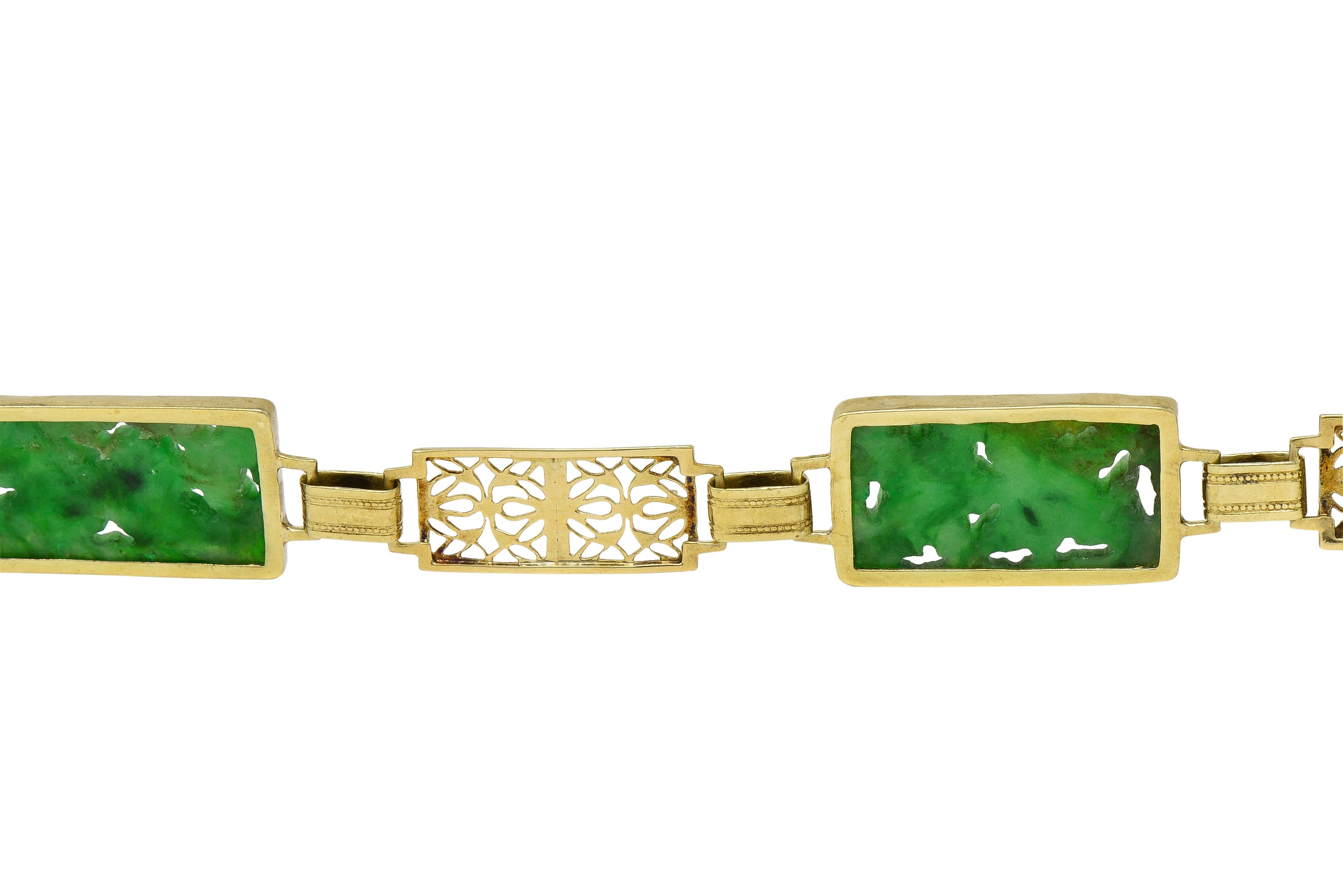 Fritzsche & Co. Art Deco Carved Jade 14 Karat Gold Antique Floral Link Bracelet