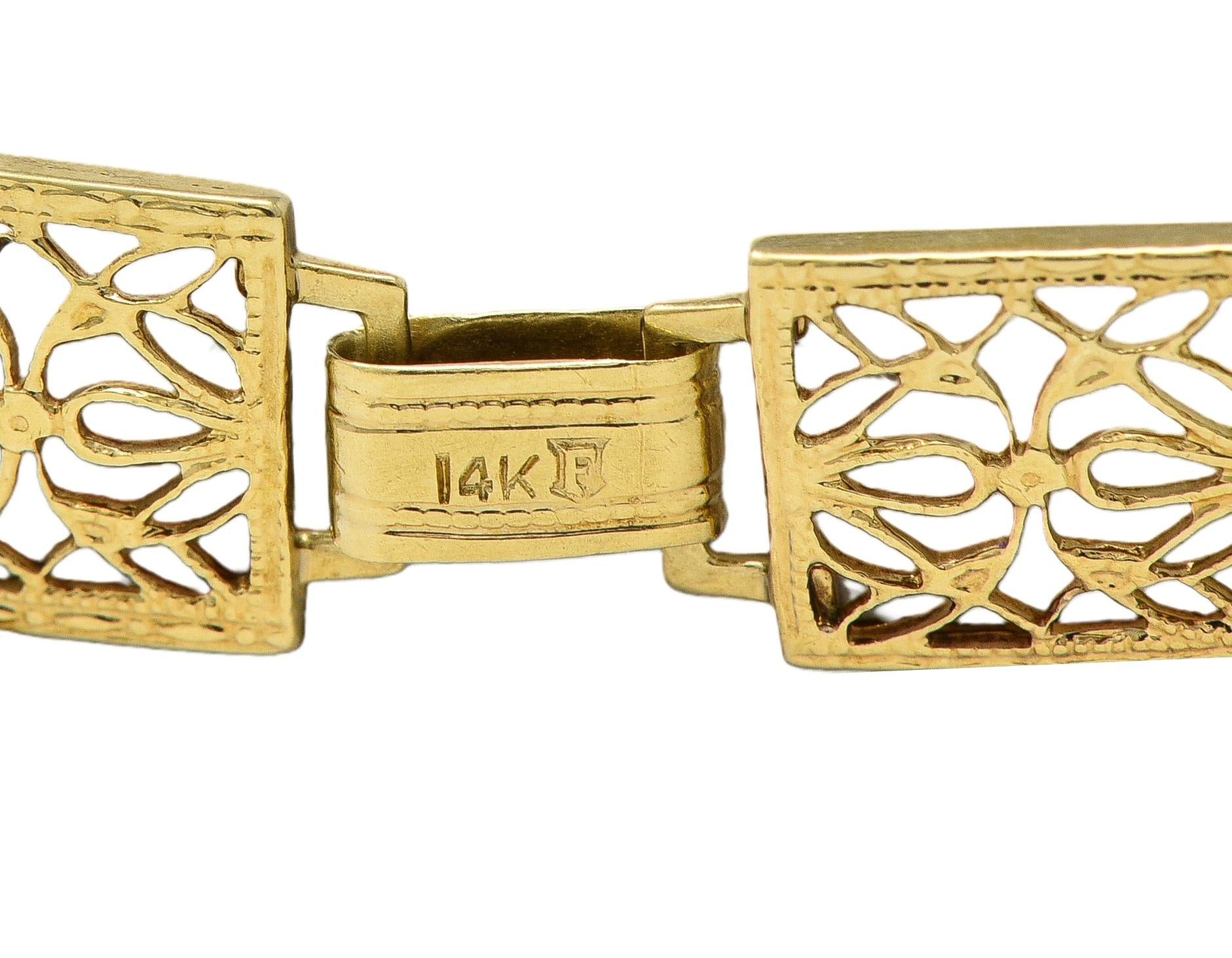 Fritzsche & Co. Art Deco Carved Jade 14 Karat Gold Antique Floral Link Bracelet