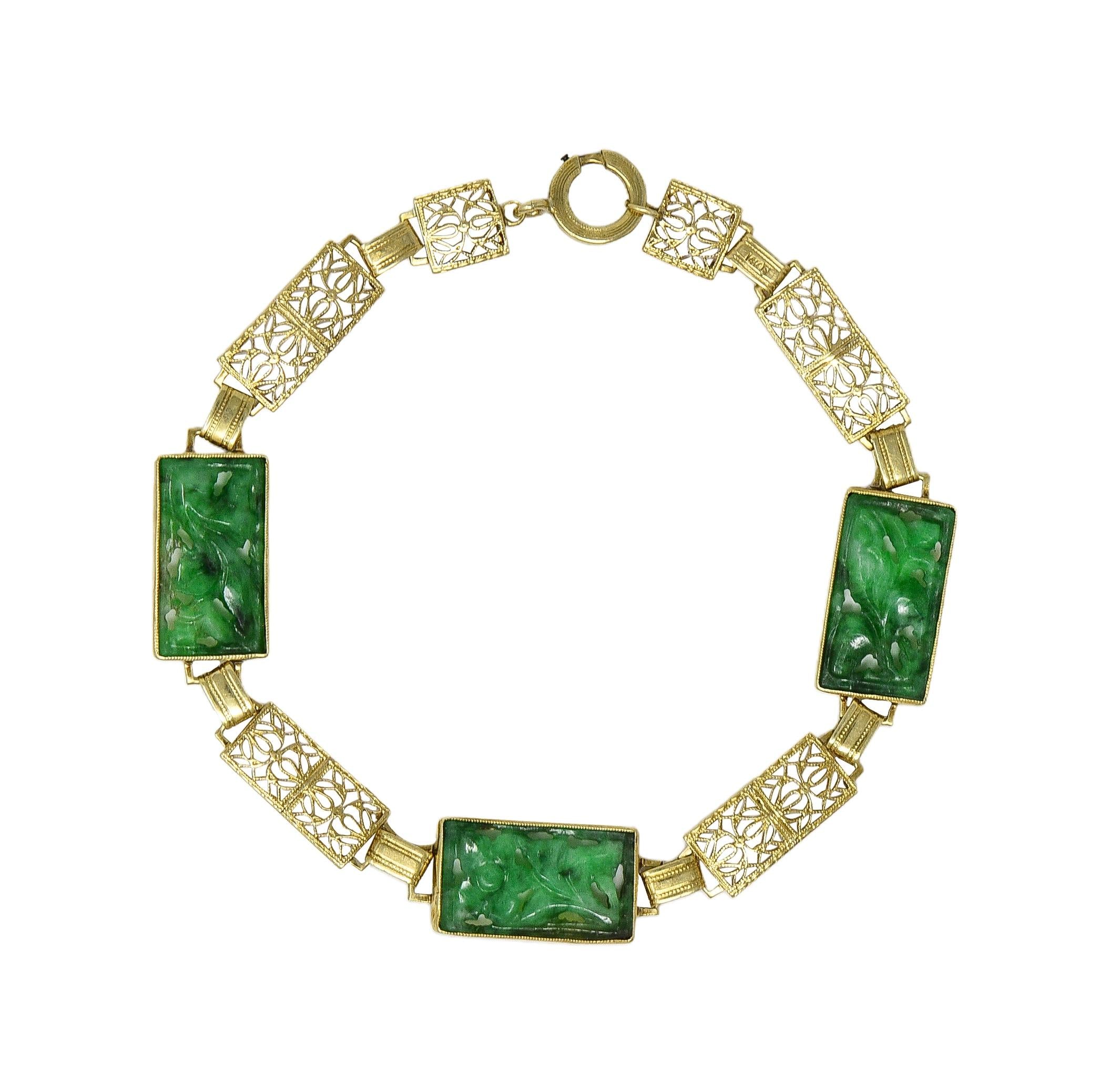 Fritzsche & Co. Art Deco Carved Jade 14 Karat Gold Antique Floral Link Bracelet