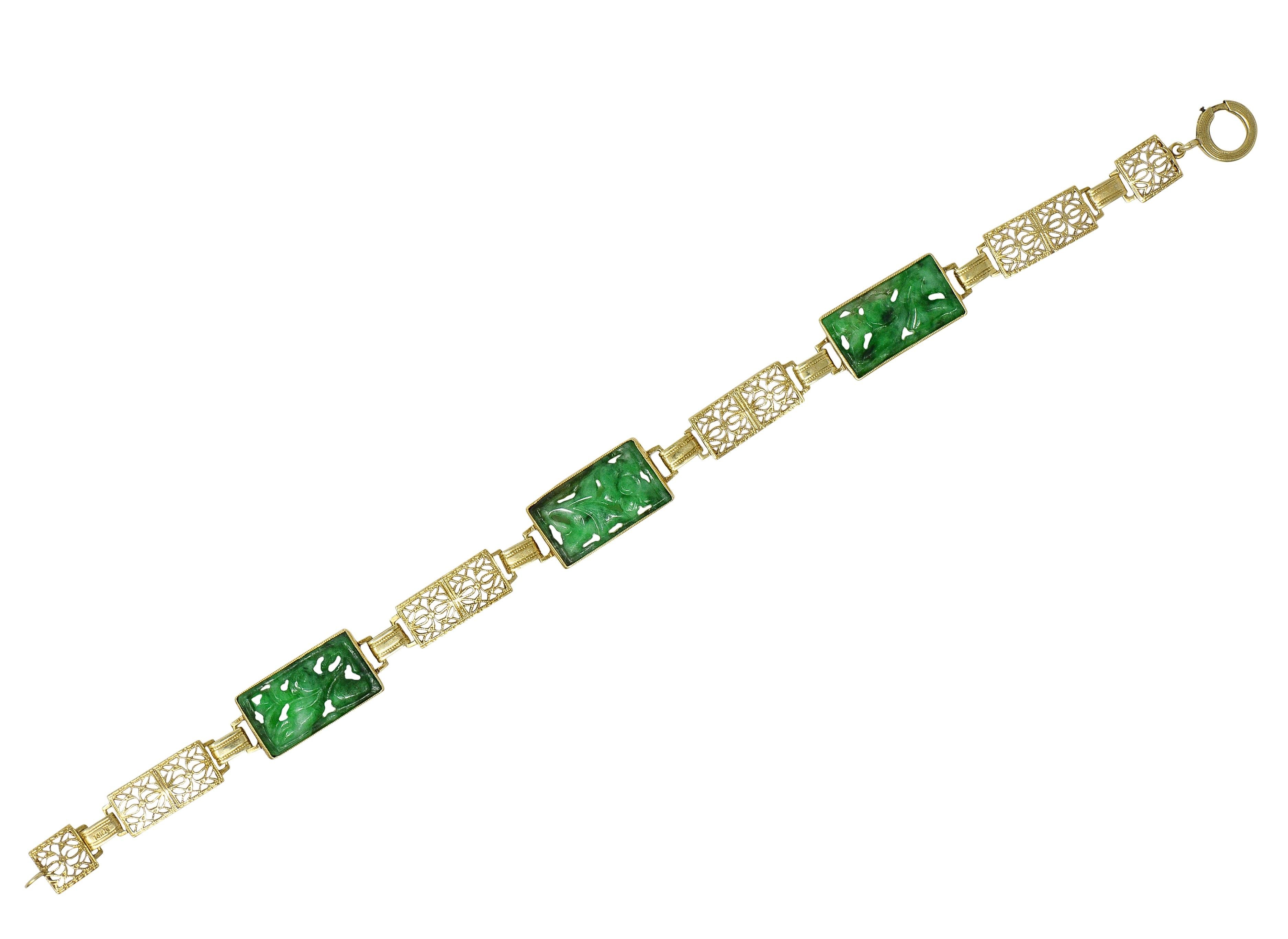 Fritzsche & Co. Art Deco Carved Jade 14 Karat Gold Antique Floral Link Bracelet