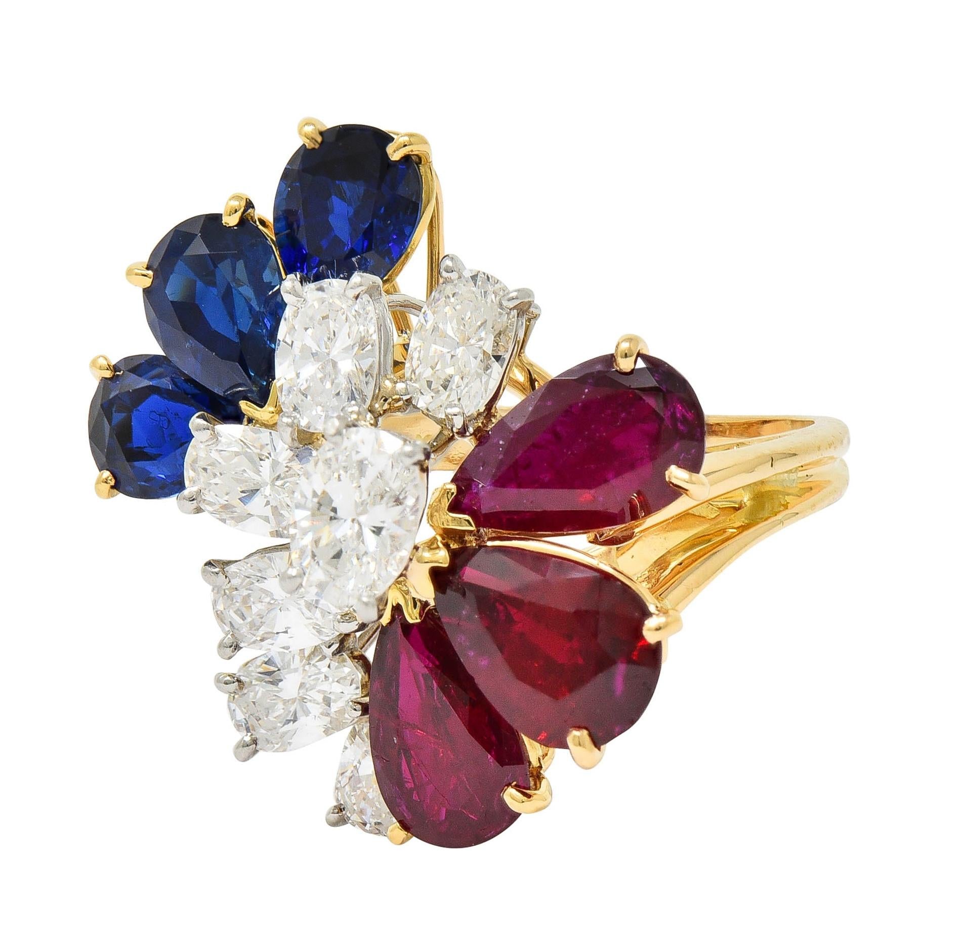 Oscar Heyman Diamond Ruby Sapphire Platinum 18K Gold Cluster Ring