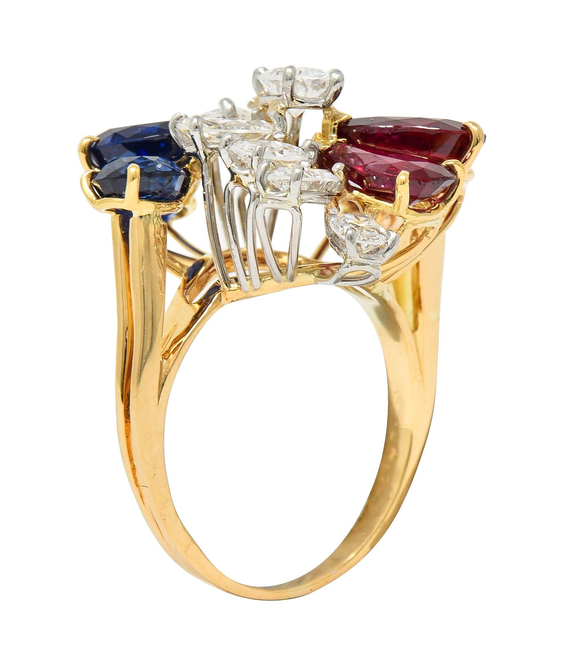 Oscar Heyman Diamond Ruby Sapphire Platinum 18K Gold Cluster Ring