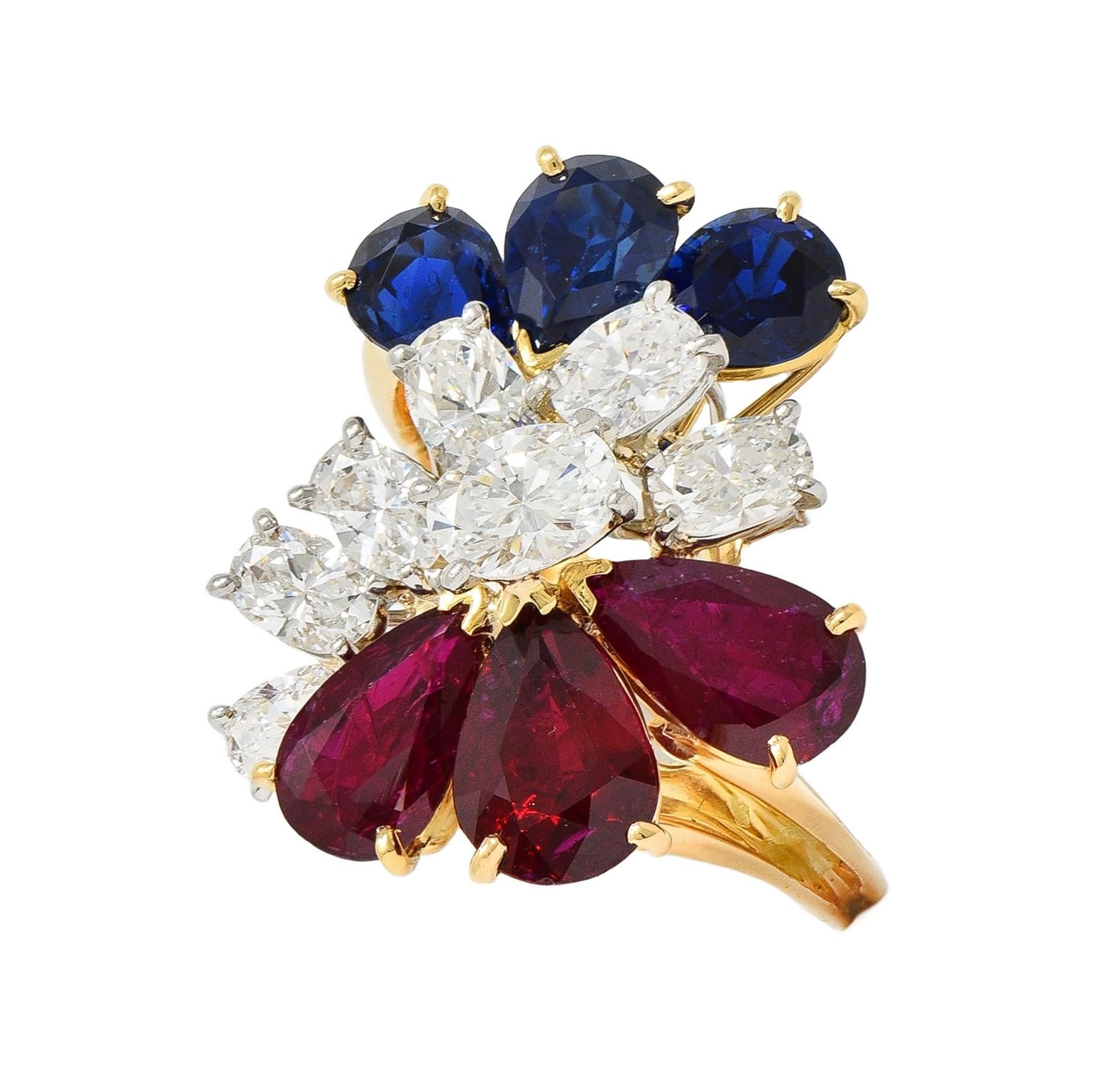 Oscar Heyman Diamond Ruby Sapphire Platinum 18K Gold Cluster Ring