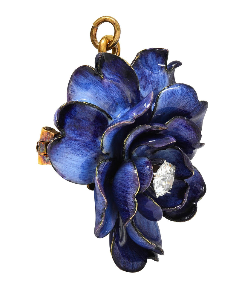 Tiffany & Co. Victorian Diamond Enamel 18K Gold Antique Flower Pendant Brooch