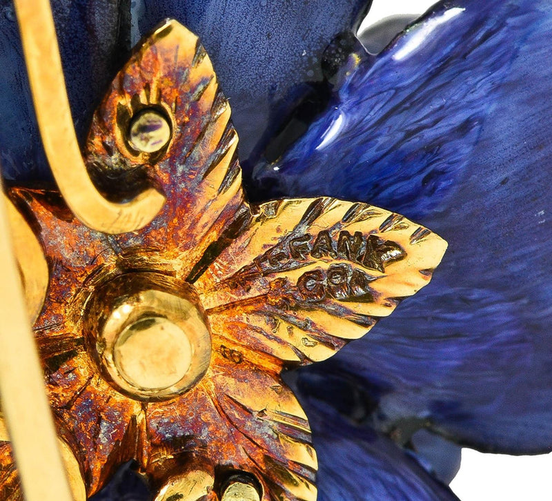 Tiffany & Co. Victorian Diamond Enamel 18K Gold Antique Flower Pendant Brooch