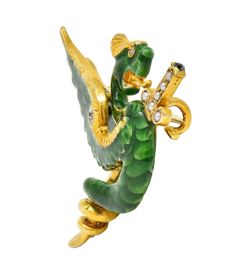 Riker Bros Art Nouveau Diamond Pearl Enamel 14K Gold Dragon Sword Antique Brooch