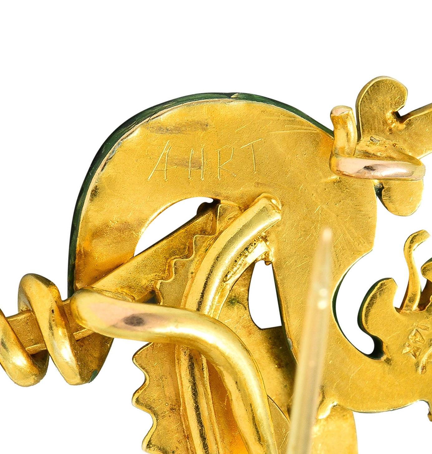 Riker Bros Art Nouveau Diamond Pearl Enamel 14K Gold Dragon Sword Antique Brooch