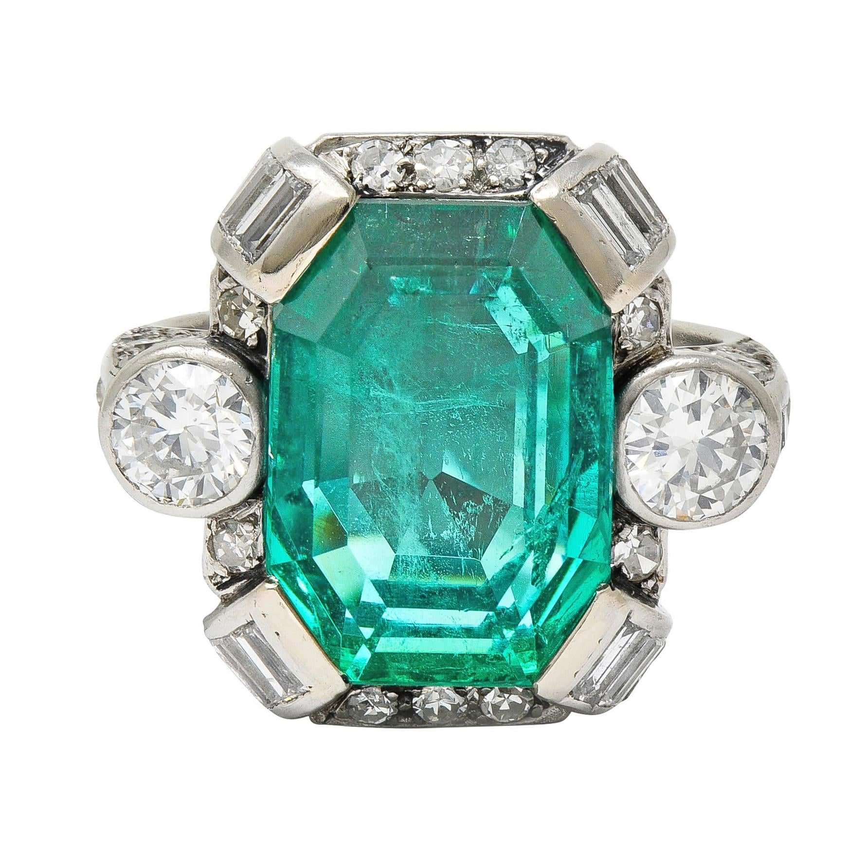 Mid-Century 9.90 CTW Colombian Emerald Diamond Platinum Vintage Ring AGL