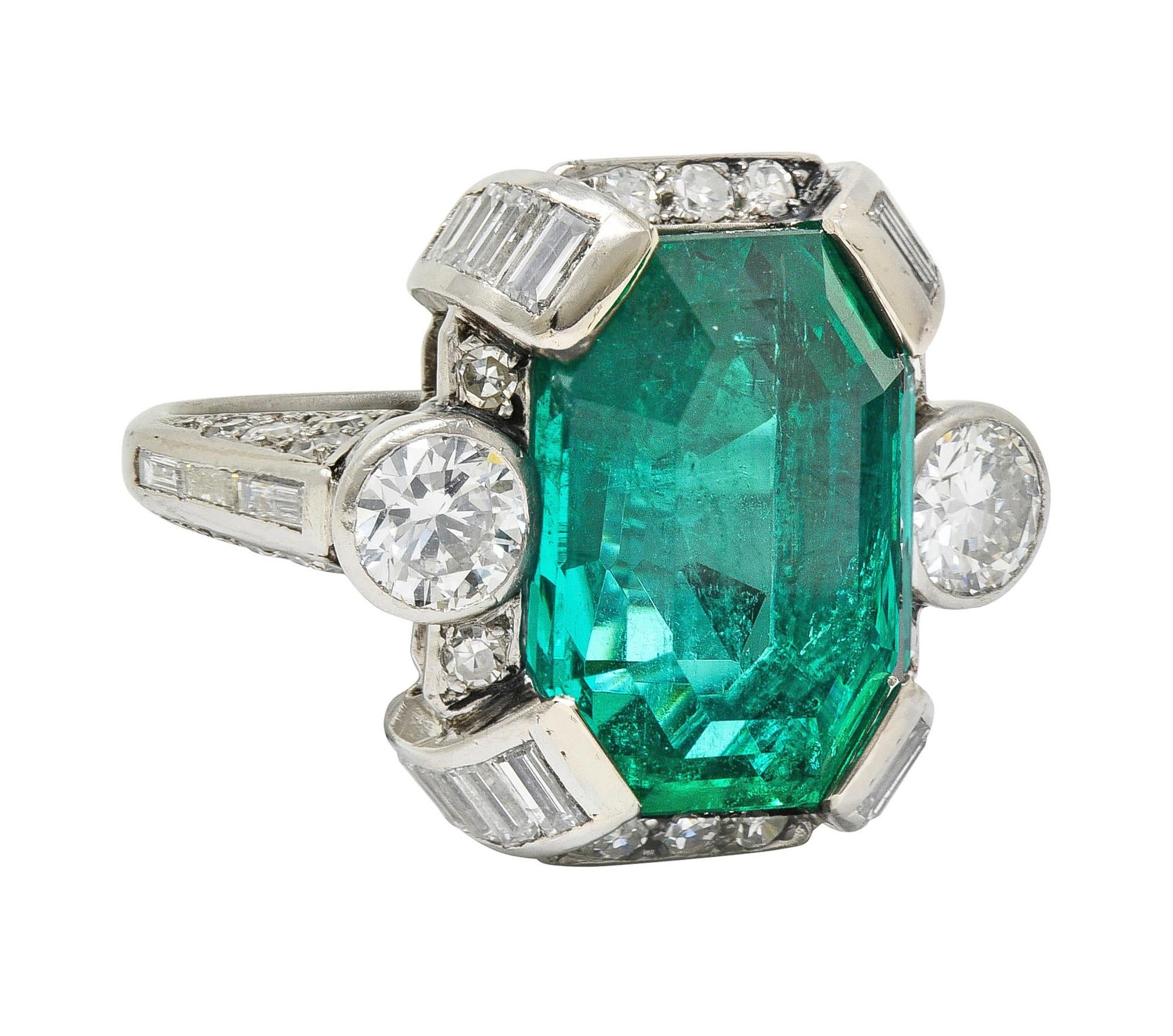 Mid-Century 9.90 CTW Colombian Emerald Diamond Platinum Vintage Ring AGL