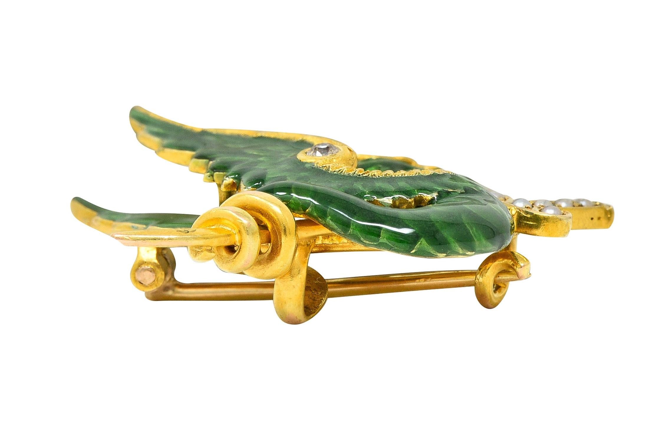 Riker Bros Art Nouveau Diamond Pearl Enamel 14K Gold Dragon Sword Antique Brooch