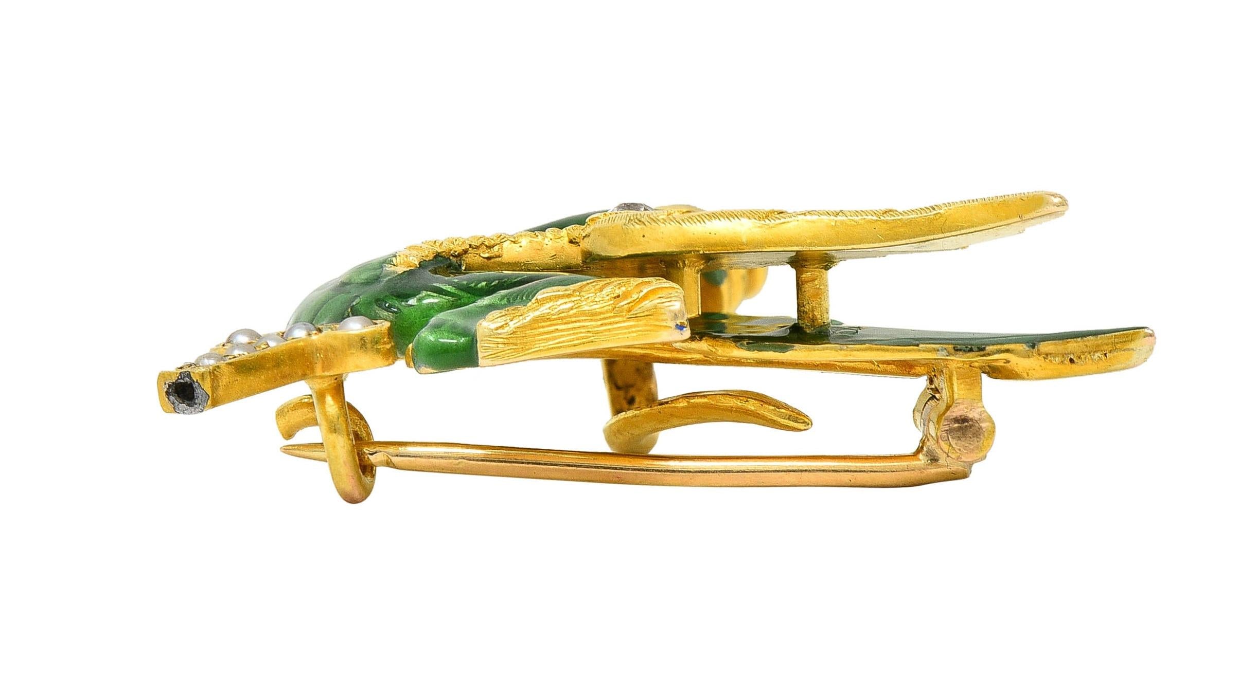 Riker Bros Art Nouveau Diamond Pearl Enamel 14K Gold Dragon Sword Antique Brooch