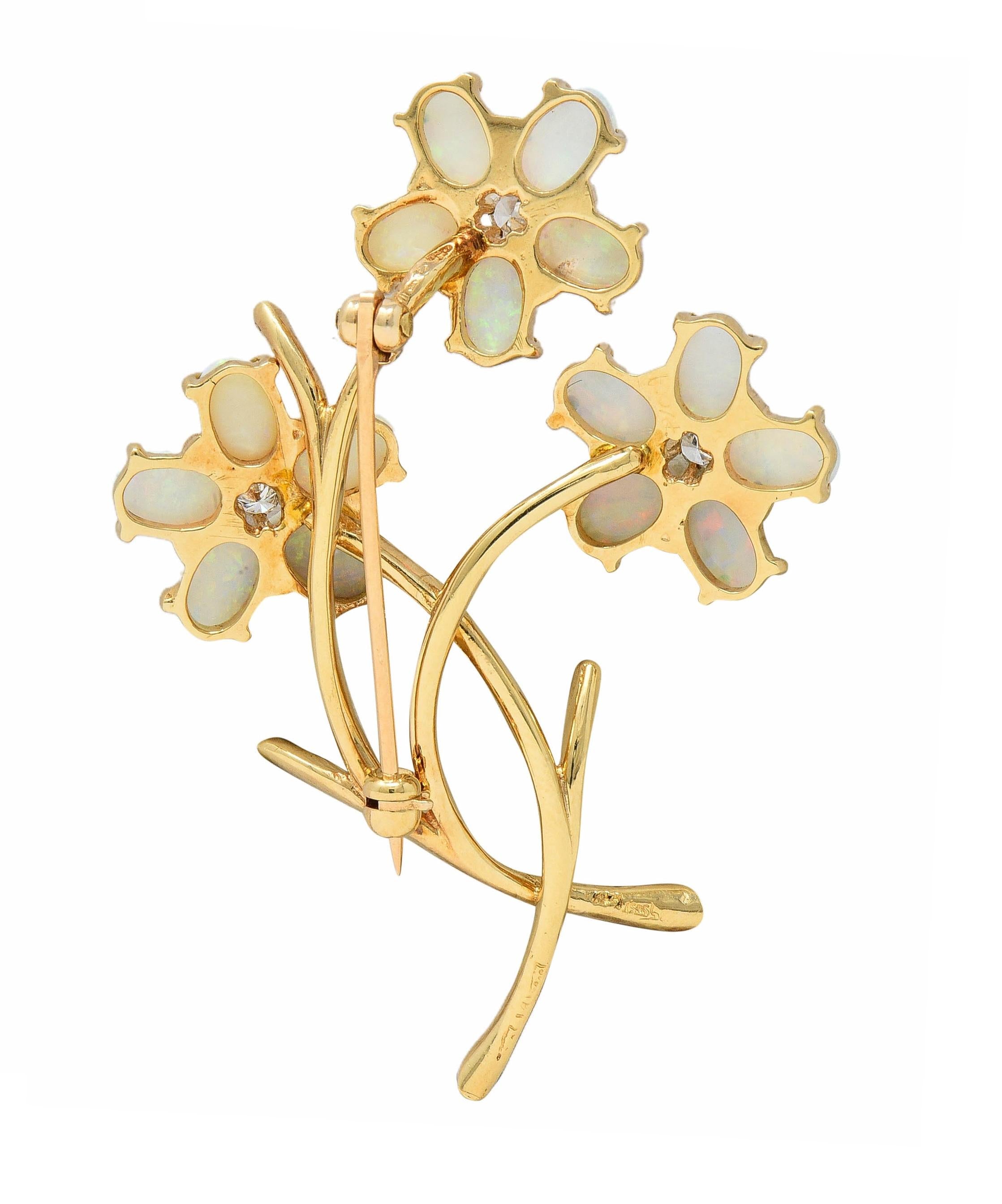 Retro Diamond Opal 14 Karat Yellow Gold Vintage Floral Brooch