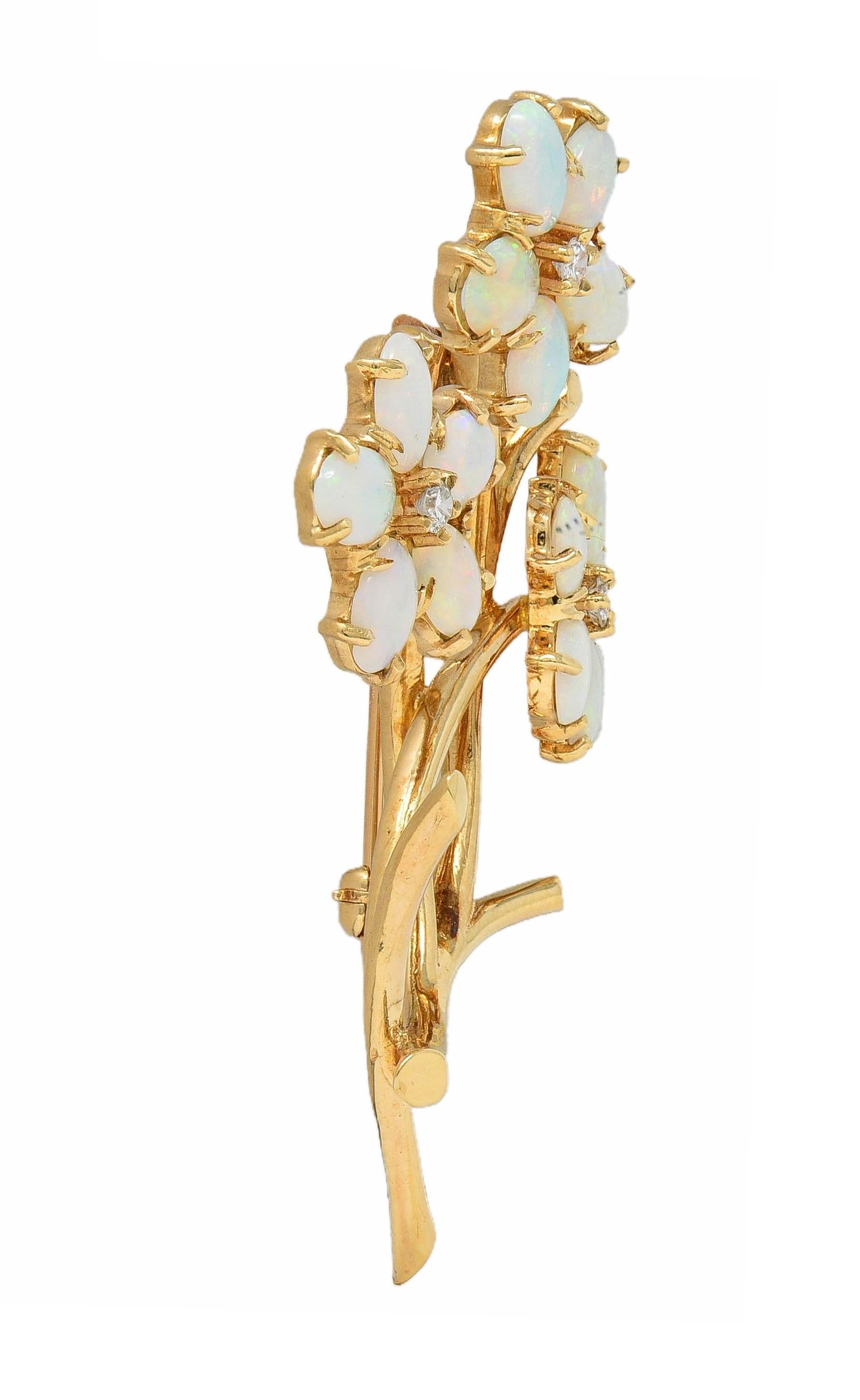 Retro Diamond Opal 14 Karat Yellow Gold Vintage Floral Brooch