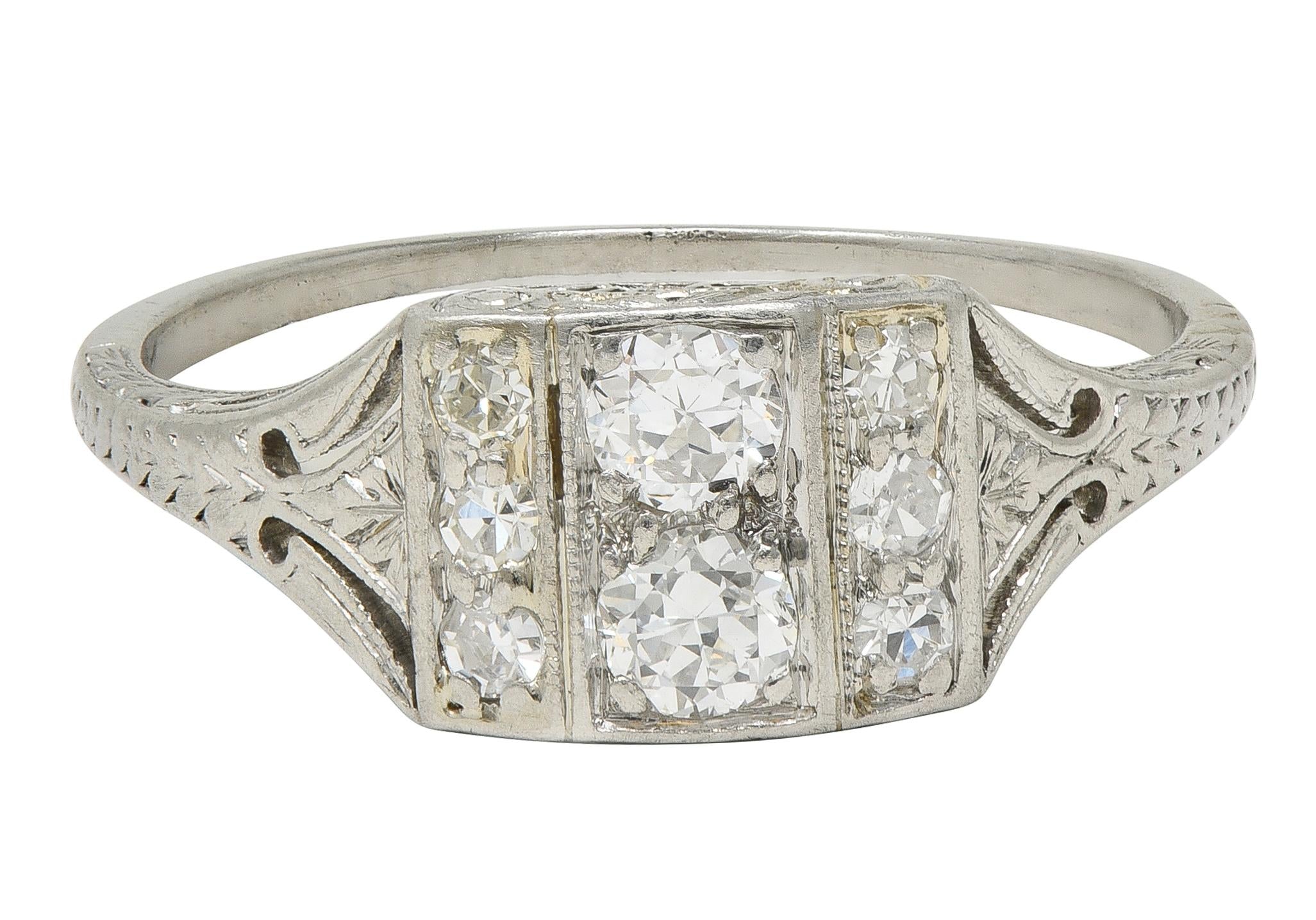 Art Deco Old European Cut Diamond Platinum Vintage Wheat Cluster Dinner Ring