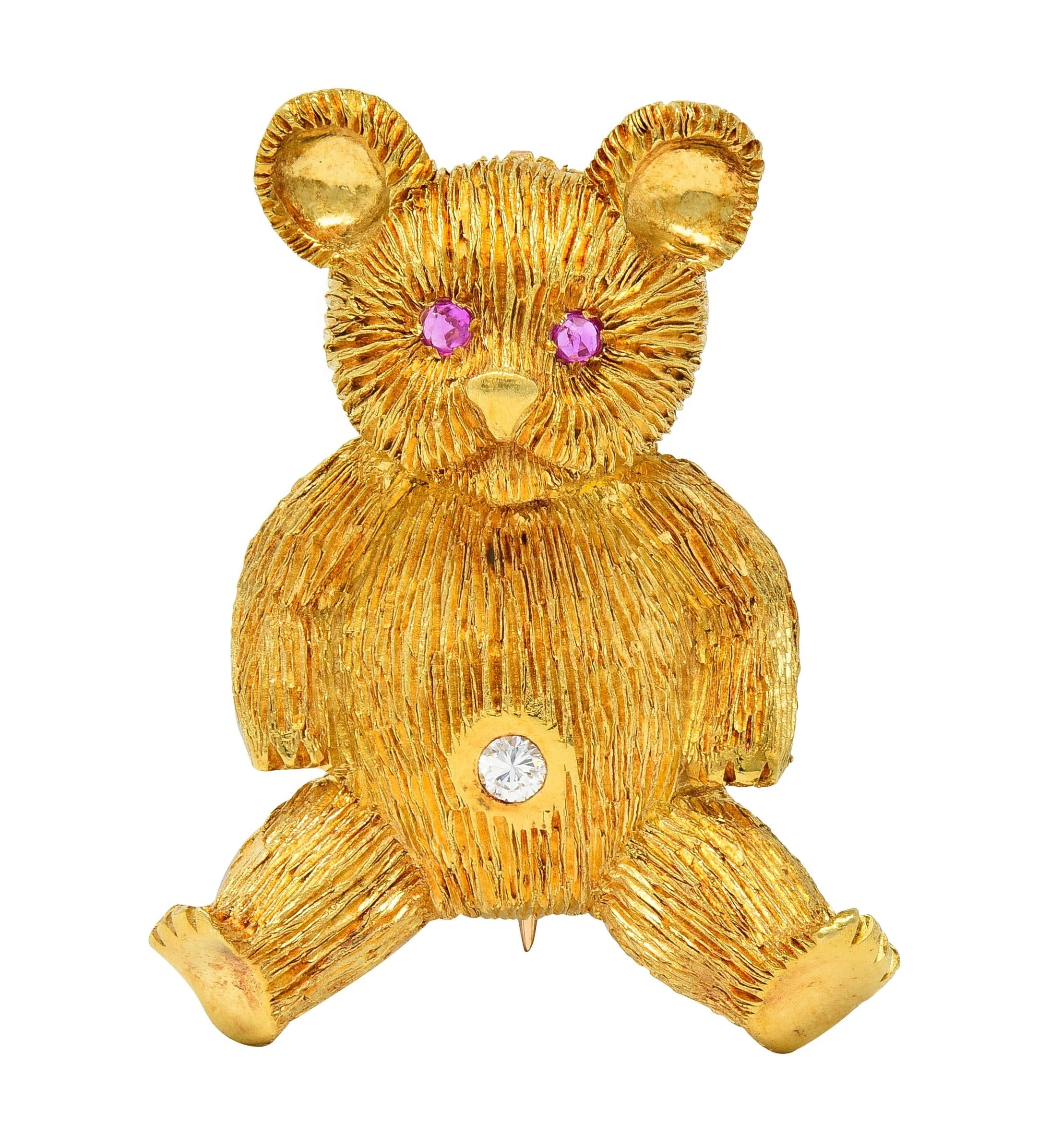George Lederman 1960's Ruby Diamond 18 Karat Gold Vintage Teddy Bear Brooch