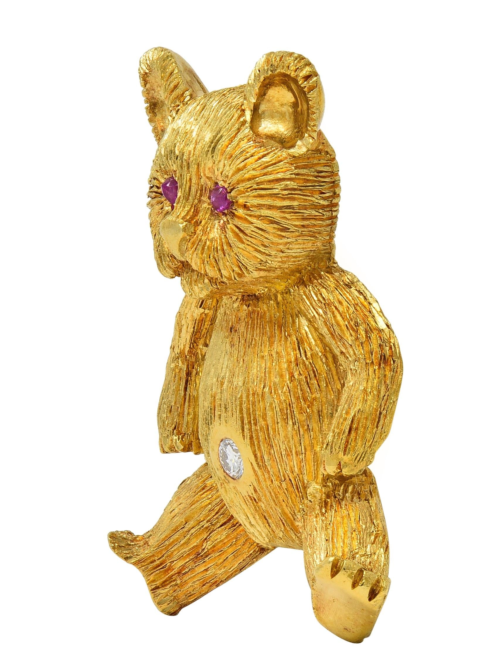 George Lederman 1960's Ruby Diamond 18 Karat Gold Vintage Teddy Bear Brooch