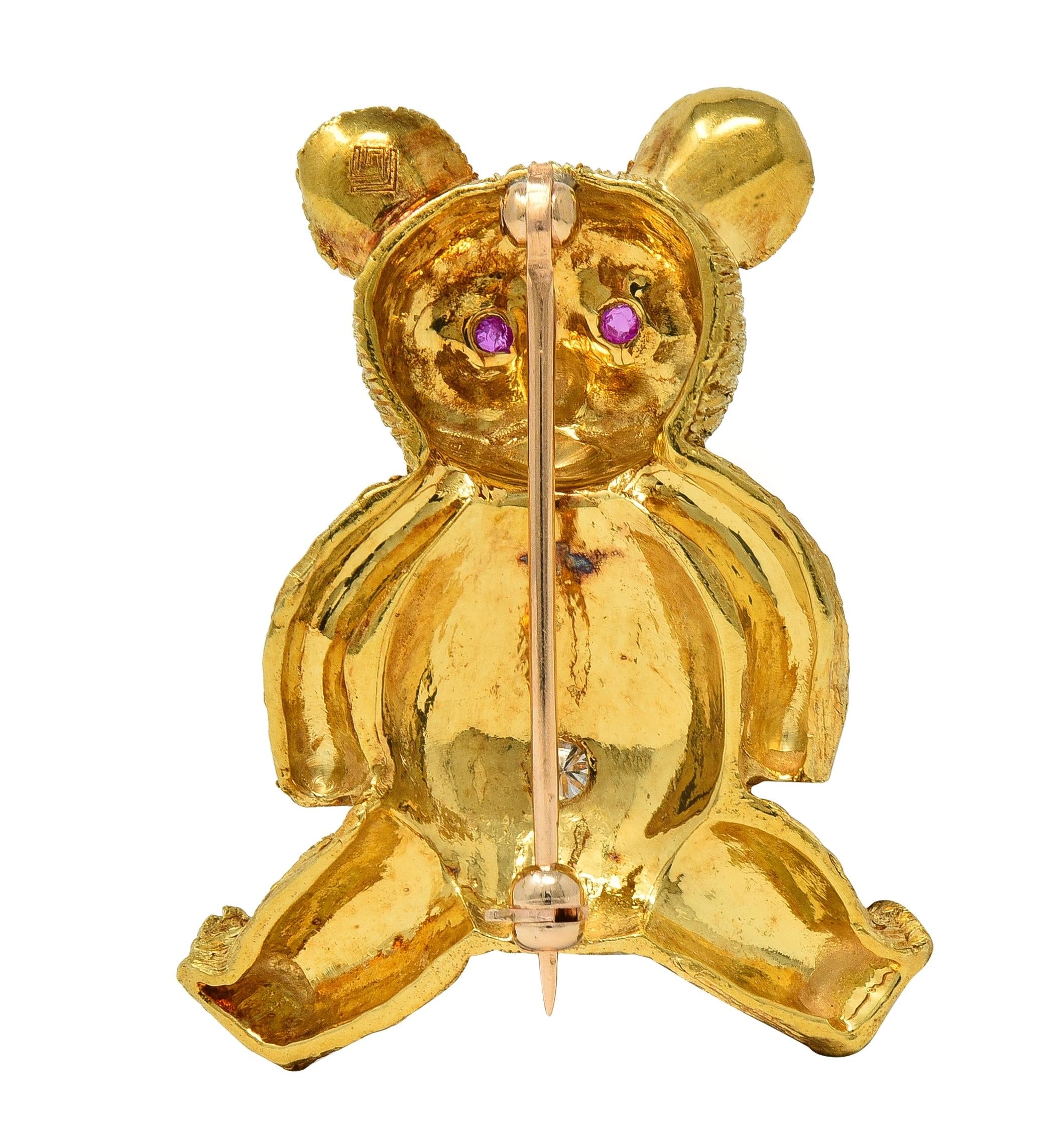George Lederman 1960's Ruby Diamond 18 Karat Gold Vintage Teddy Bear Brooch