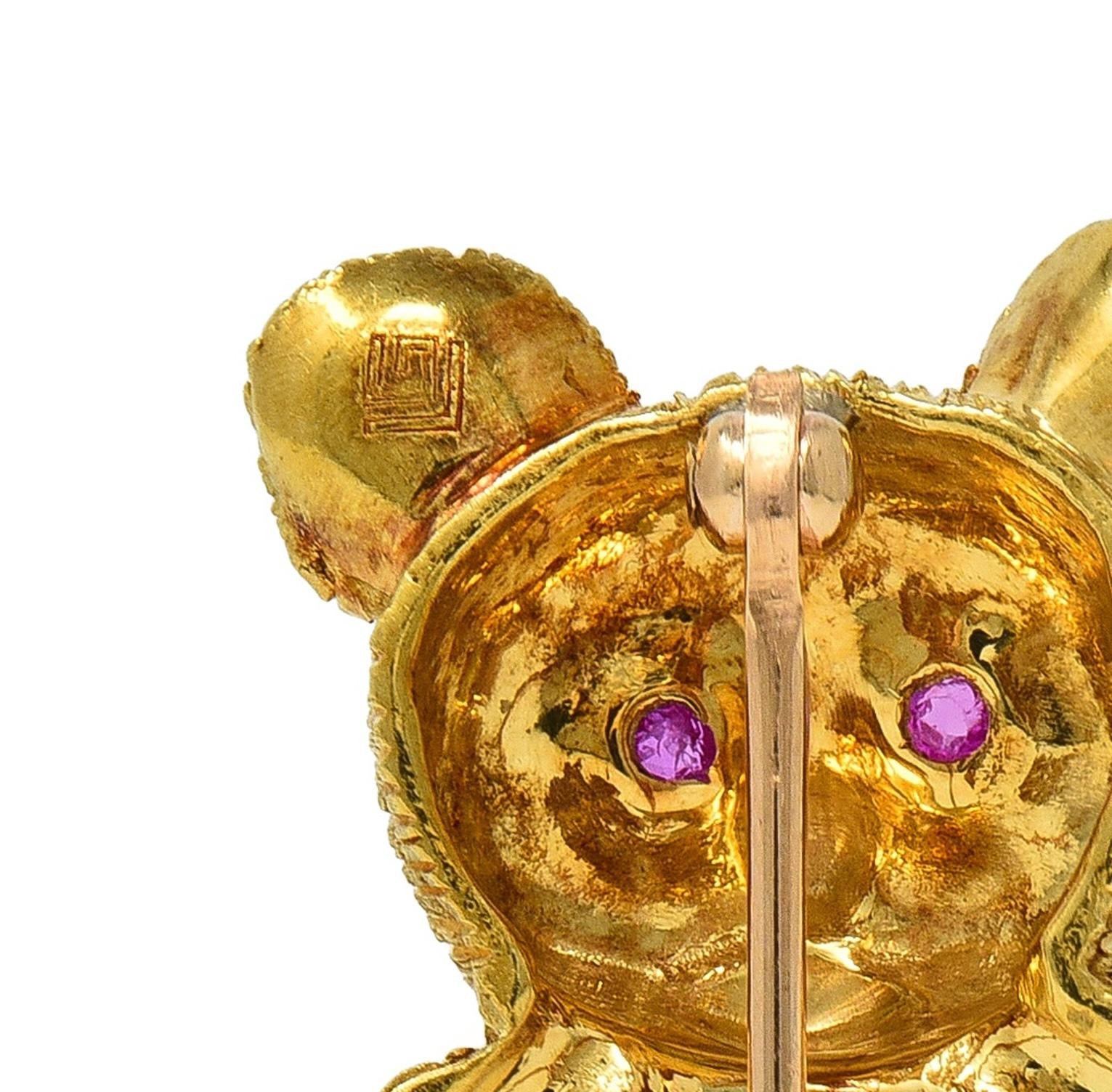 George Lederman 1960's Ruby Diamond 18 Karat Gold Vintage Teddy Bear Brooch