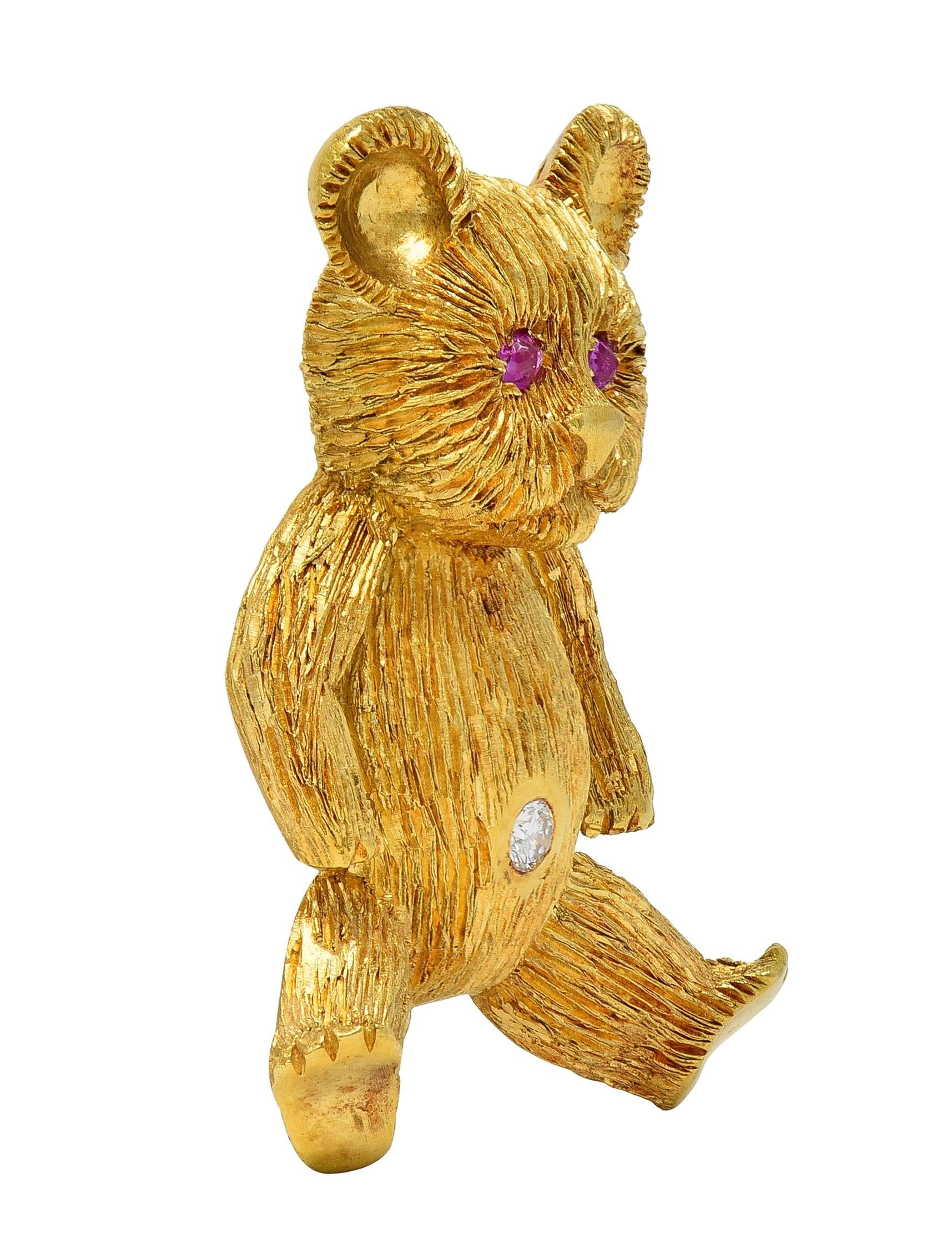 George Lederman 1960's Ruby Diamond 18 Karat Gold Vintage Teddy Bear Brooch