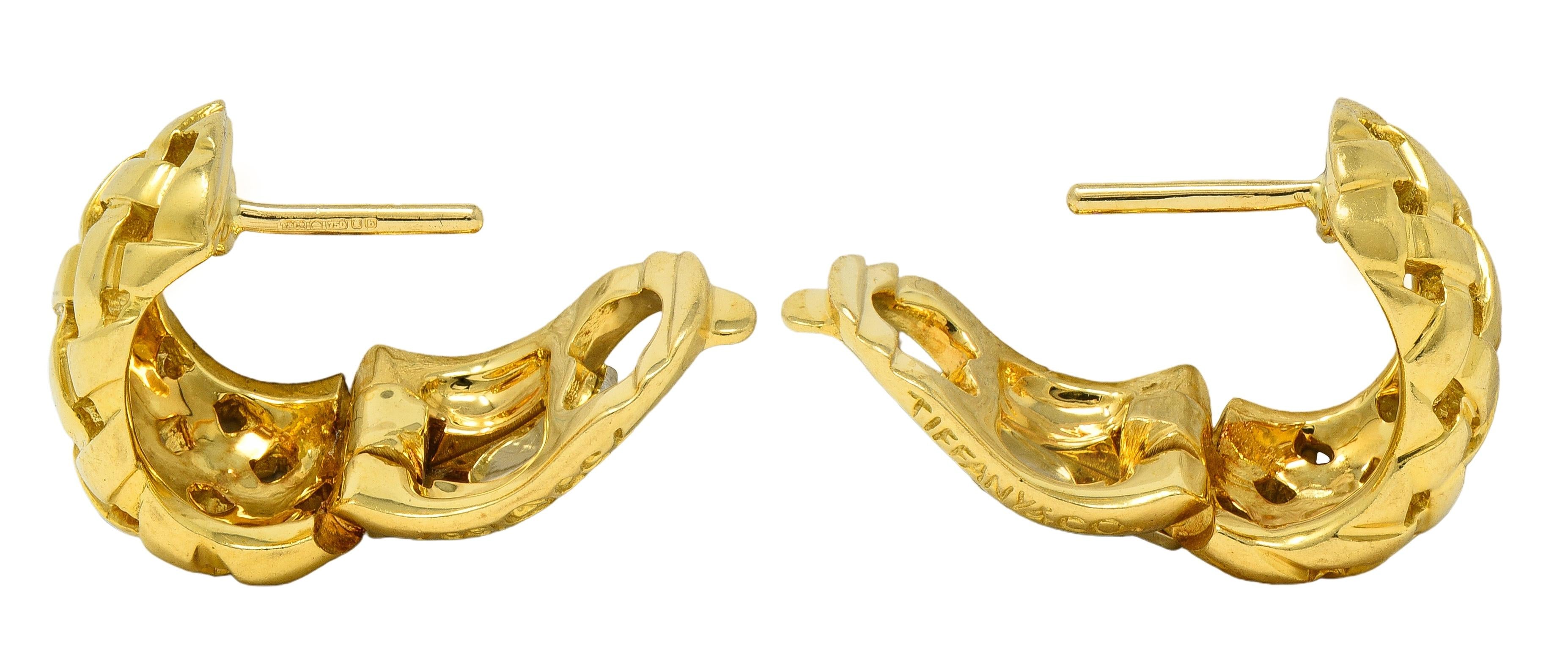 Tiffany & Co. 1997 18 Karat Yellow Gold Vintage Vannerie J-Hoop Earrings