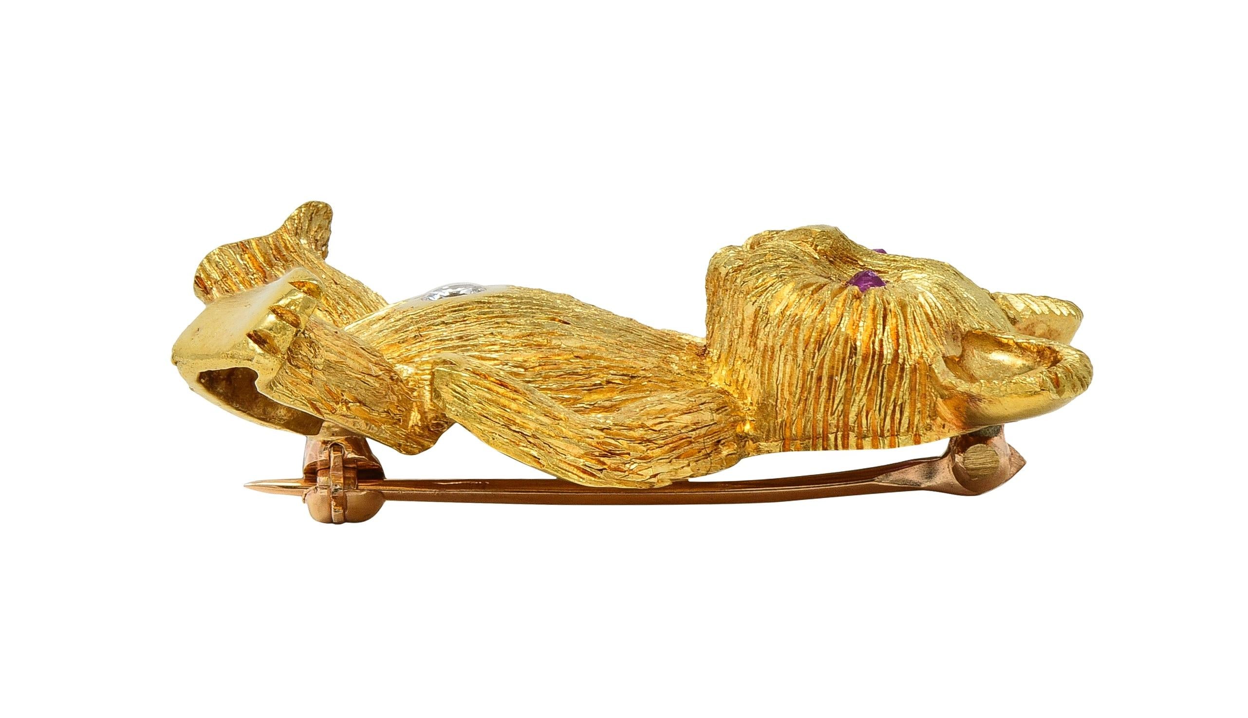 George Lederman 1960's Ruby Diamond 18 Karat Gold Vintage Teddy Bear Brooch