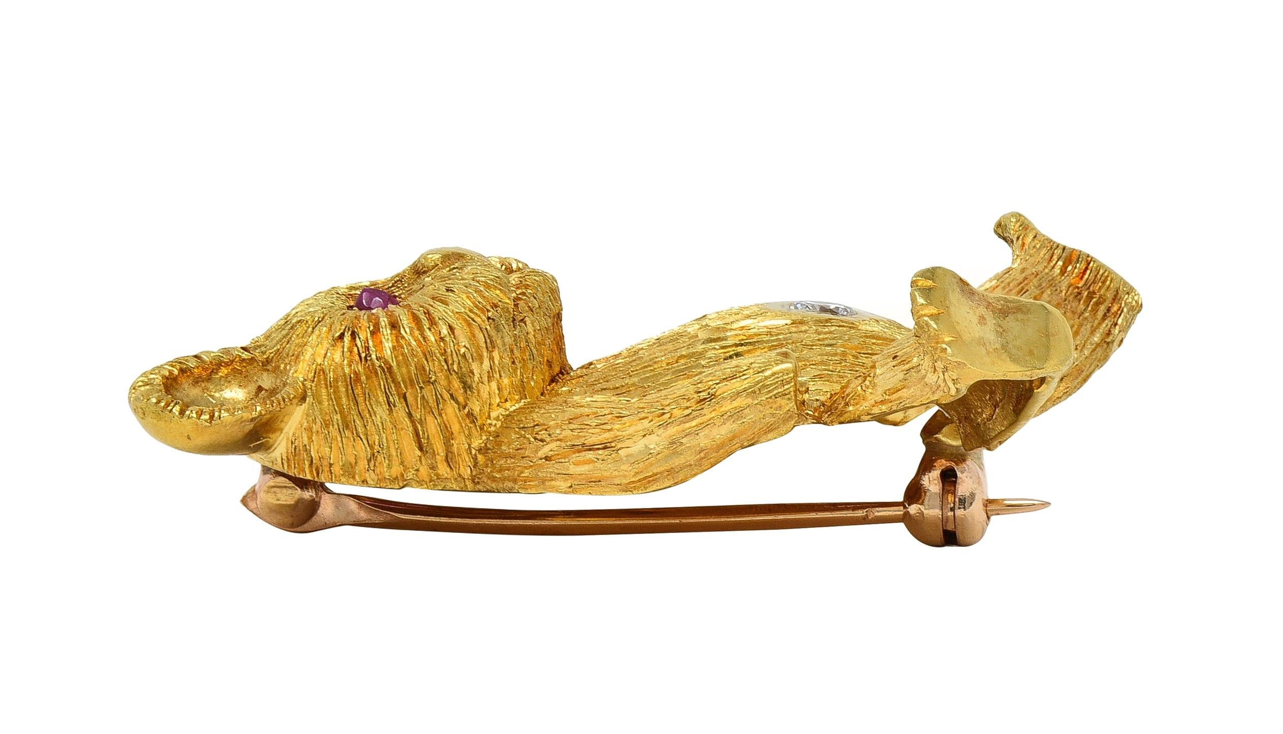 George Lederman 1960's Ruby Diamond 18 Karat Gold Vintage Teddy Bear Brooch