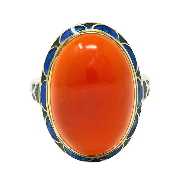 Early Art Deco Carnelian Enamel 14 Karat Yellow Gold Antique Jones Woodland Ring