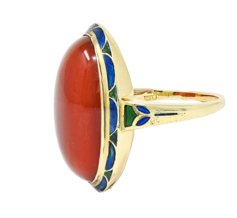 Early Art Deco Carnelian Enamel 14 Karat Yellow Gold Antique Jones Woodland Ring