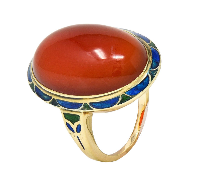 Early Art Deco Carnelian Enamel 14 Karat Yellow Gold Antique Jones Woodland Ring