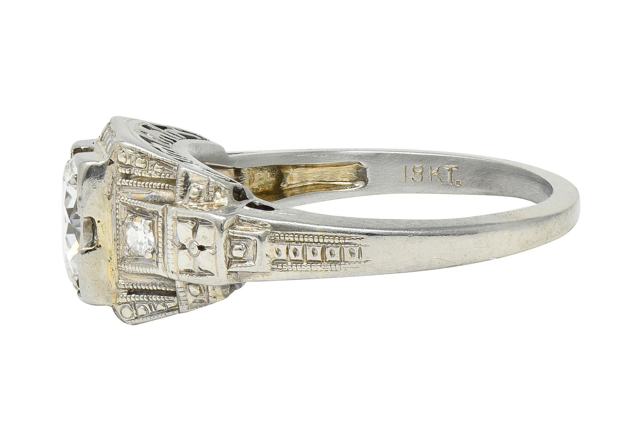 Art Deco 0.65 CTW Diamond 18 Karat Gold Greek Key Floral Vintage Engagement Ring