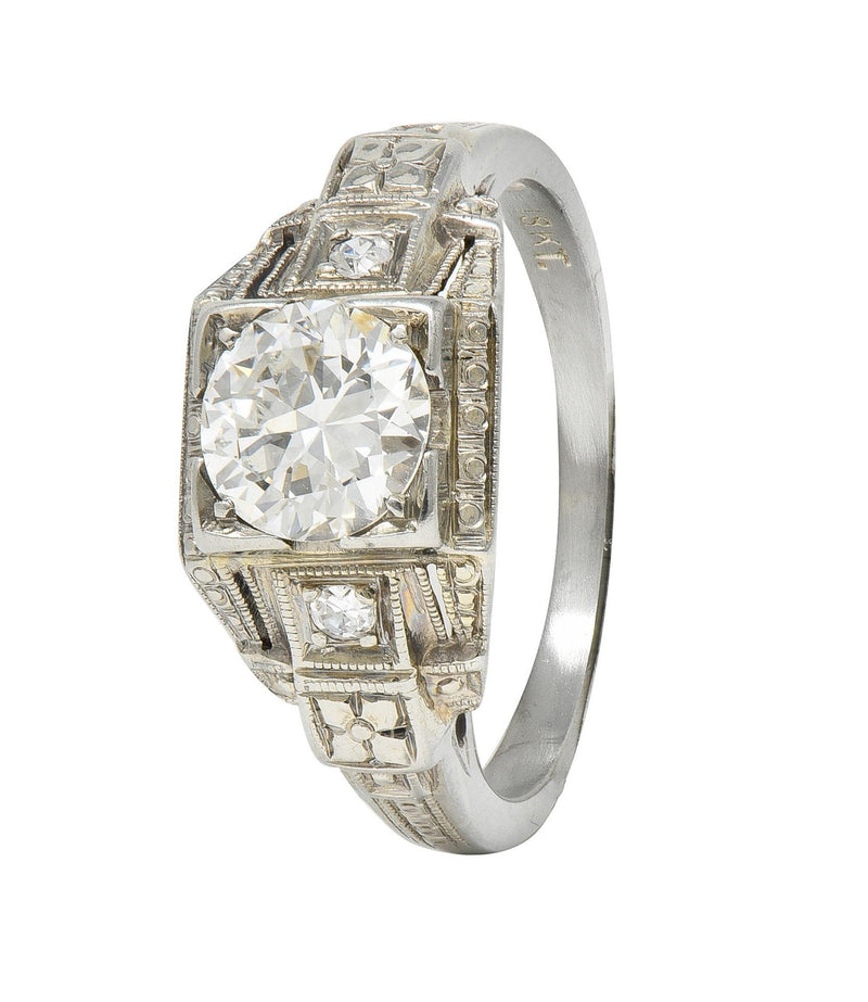 Art Deco 0.65 CTW Diamond 18 Karat Gold Greek Key Floral Vintage Engagement Ring