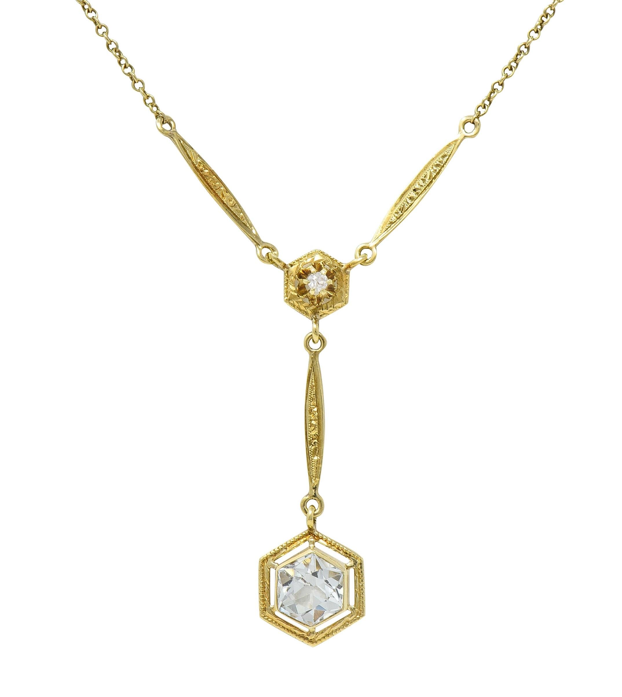 Art Deco 1.10 CTW Aquamarine Diamond 14K Gold Antique Lavalier Drop Necklace