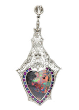 Edwardian 9.64 CTW Diamond Sapphire Ruby Heart Shaped Black Opal Antique Pendant