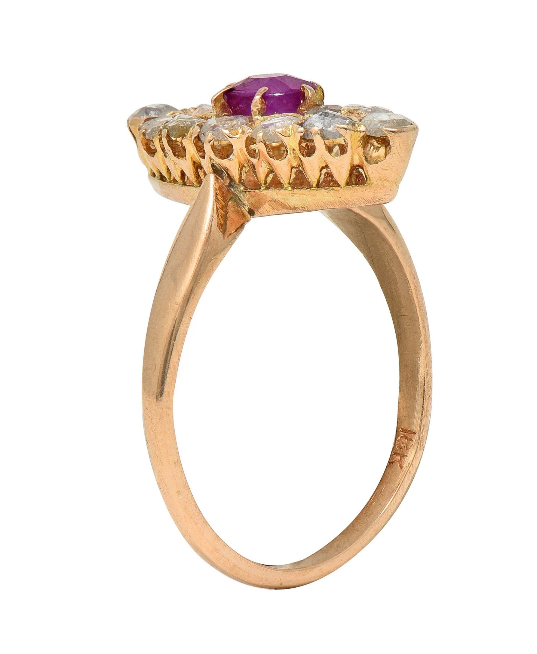 Victorian 1.20 CTW Ruby Diamond 18K Yellow Gold Antique Navette Cluster Ring