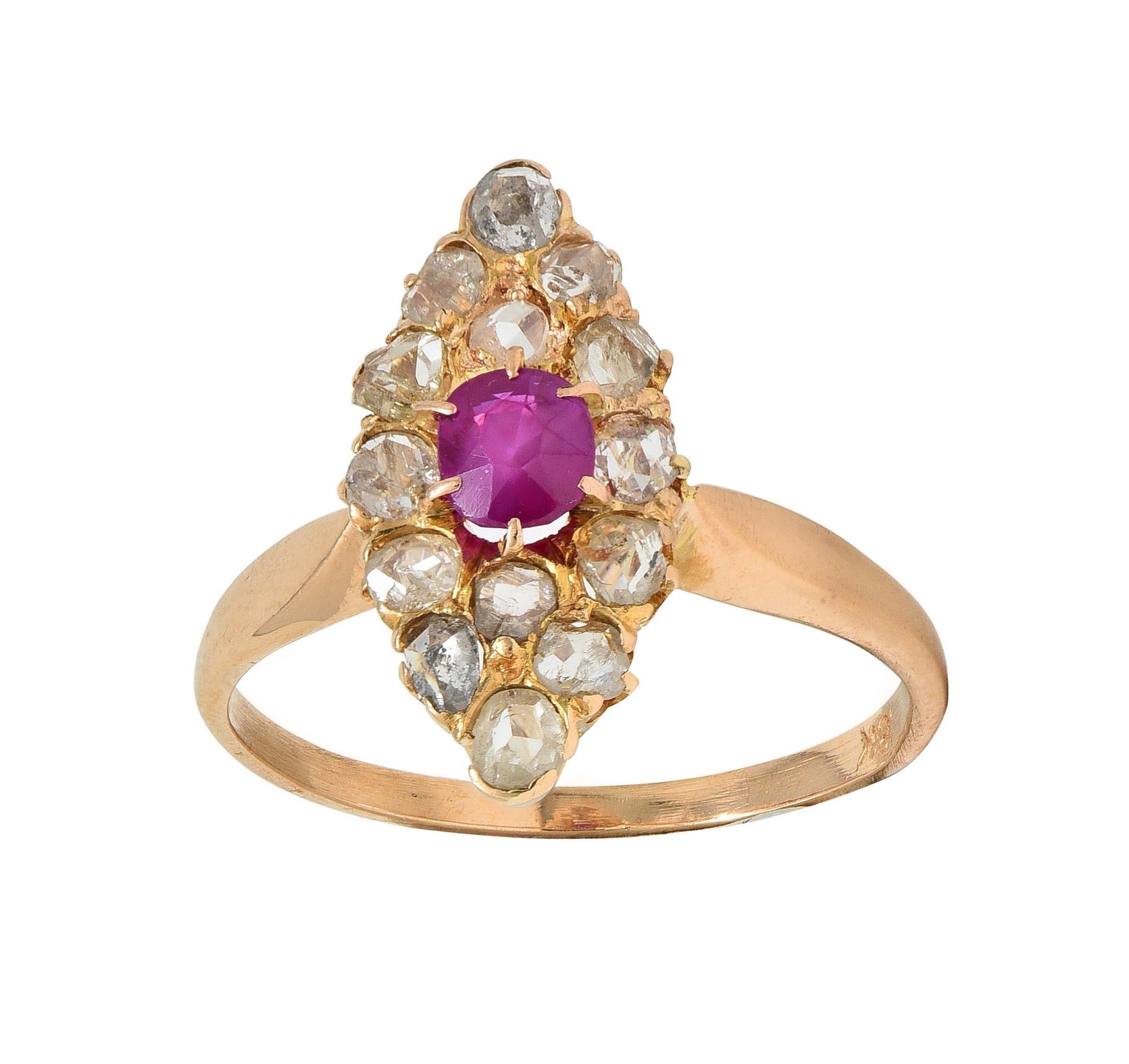 Victorian 1.20 CTW Ruby Diamond 18K Yellow Gold Antique Navette Cluster Ring