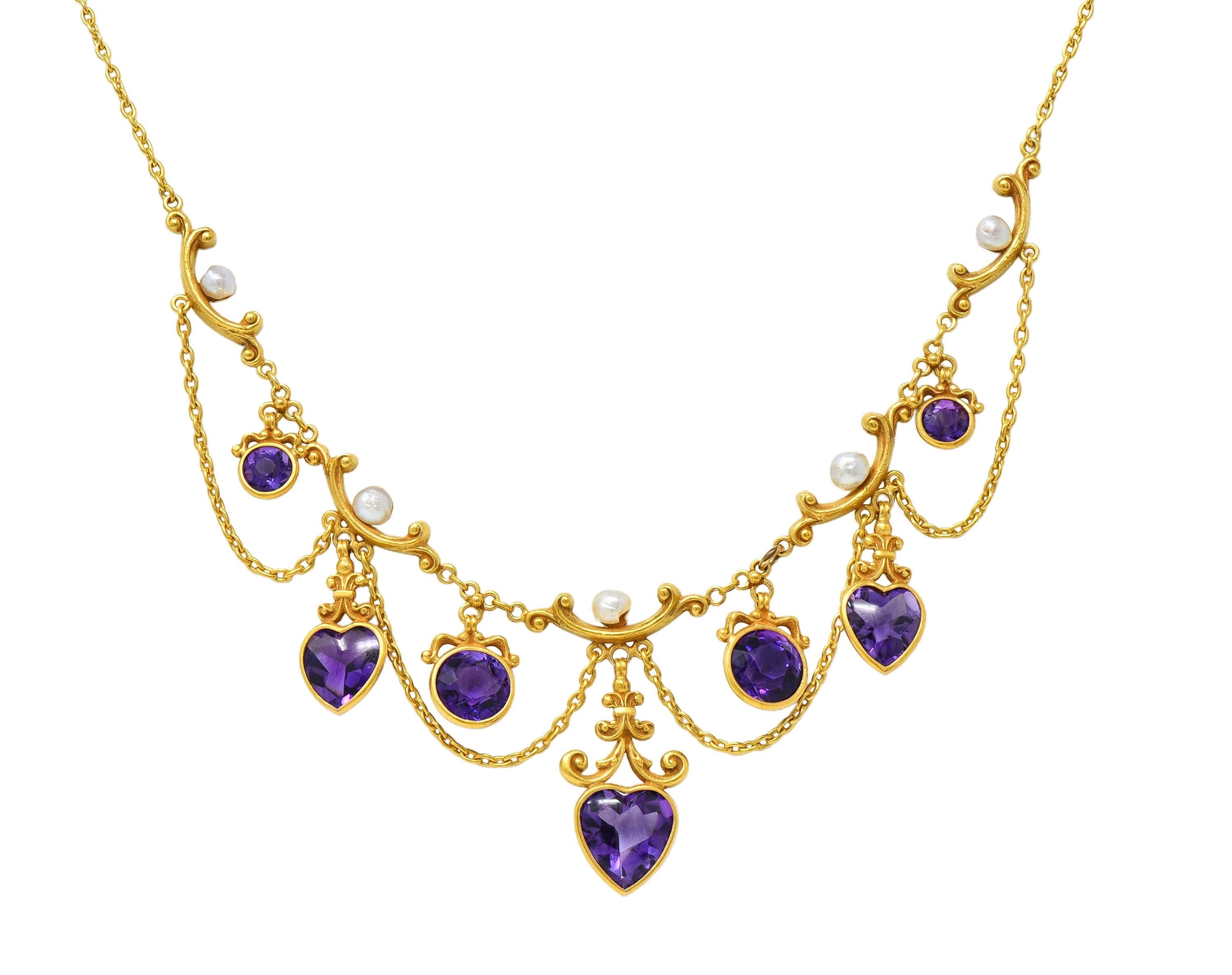 Victorian Amethyst Pearl 14 Karat Yellow Gold Antique Swagged Heart Necklace