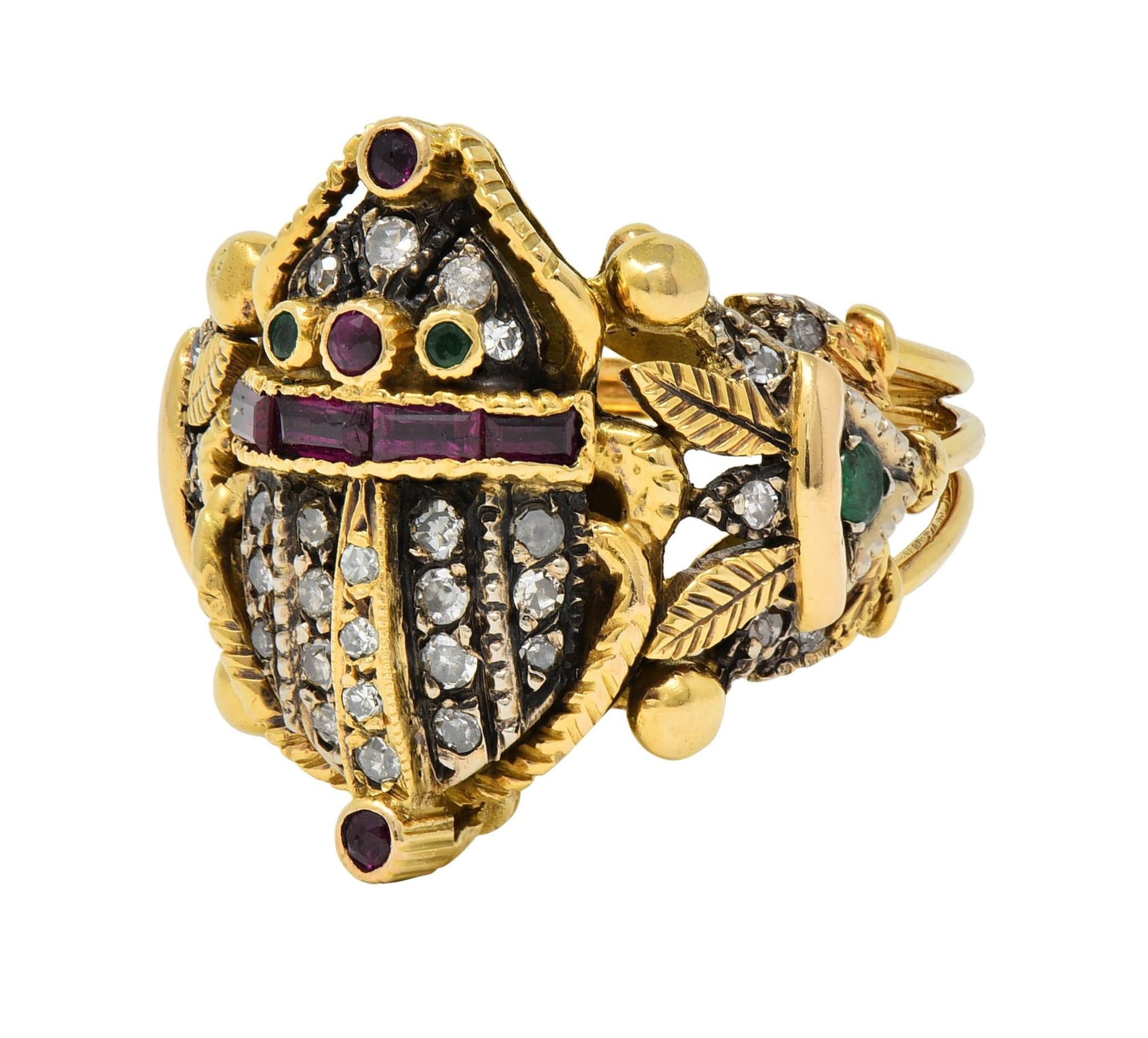 Mid-Century 1.32 CTW Diamond Emerald Ruby 18 Karat Gold Antique Scarab Ring