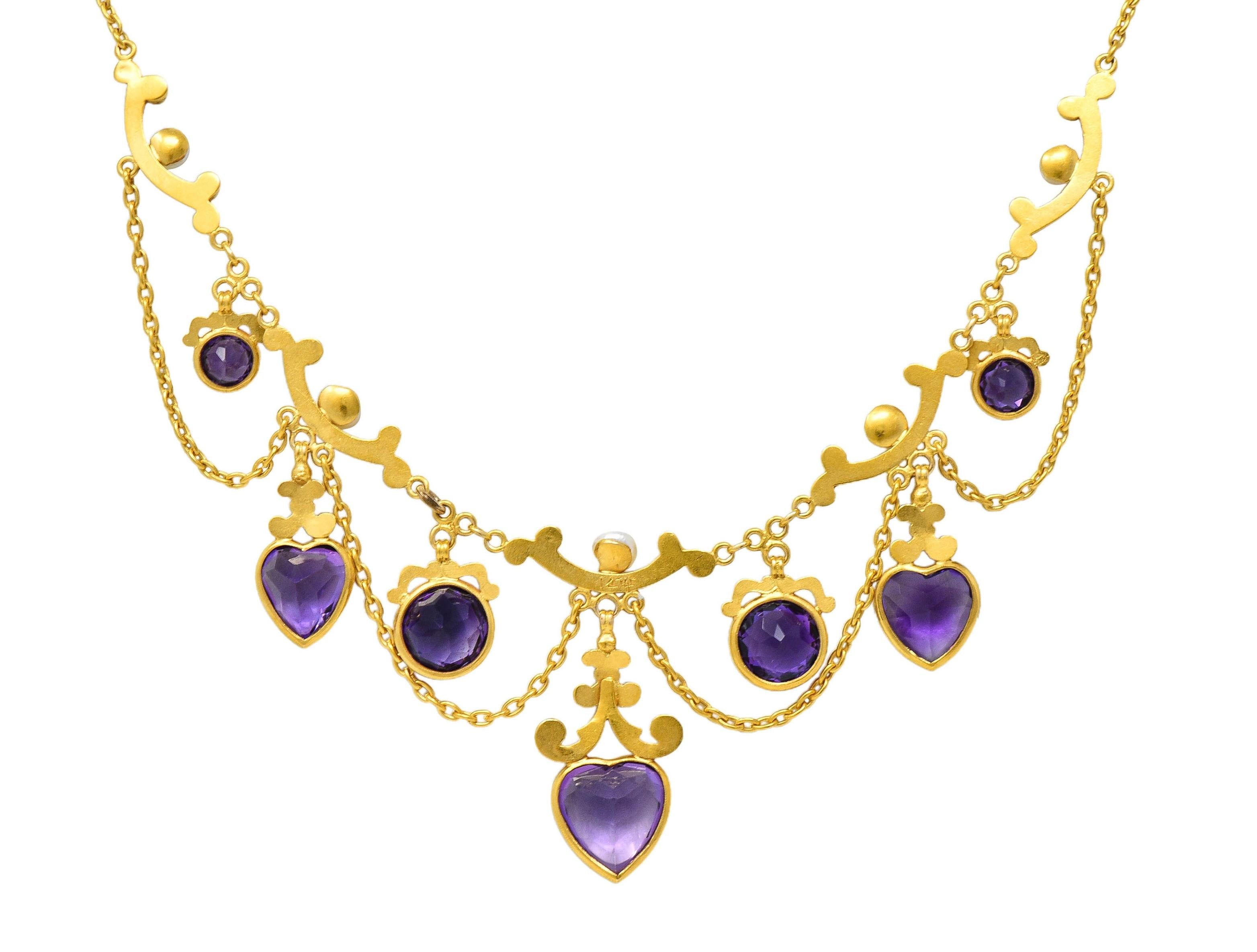 Victorian Amethyst Pearl 14 Karat Yellow Gold Antique Swagged Heart Necklace