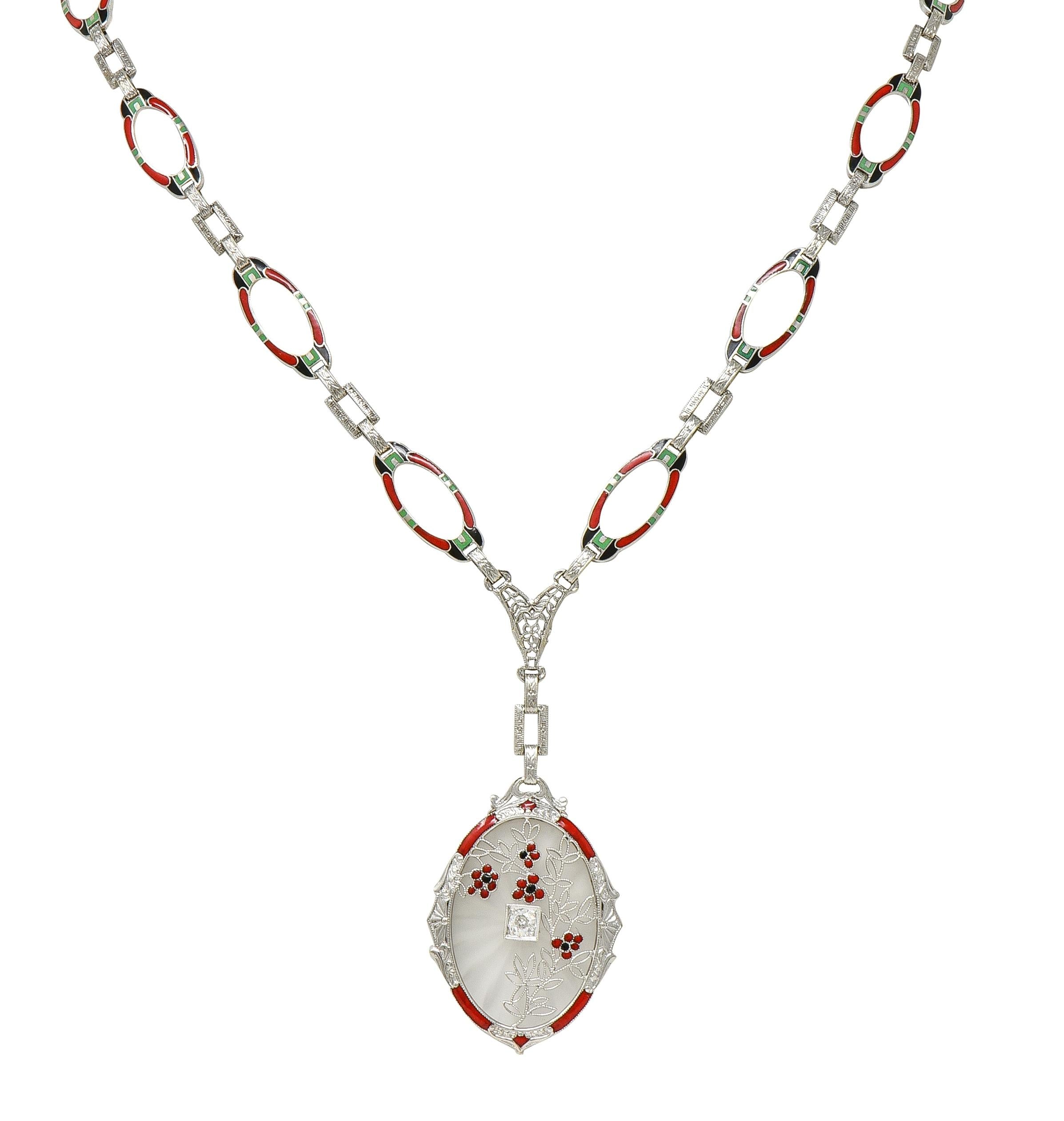 Art Deco Diamond Camphor Glass Enamel 14K Gold Antique Pendant Sartuoir Necklace