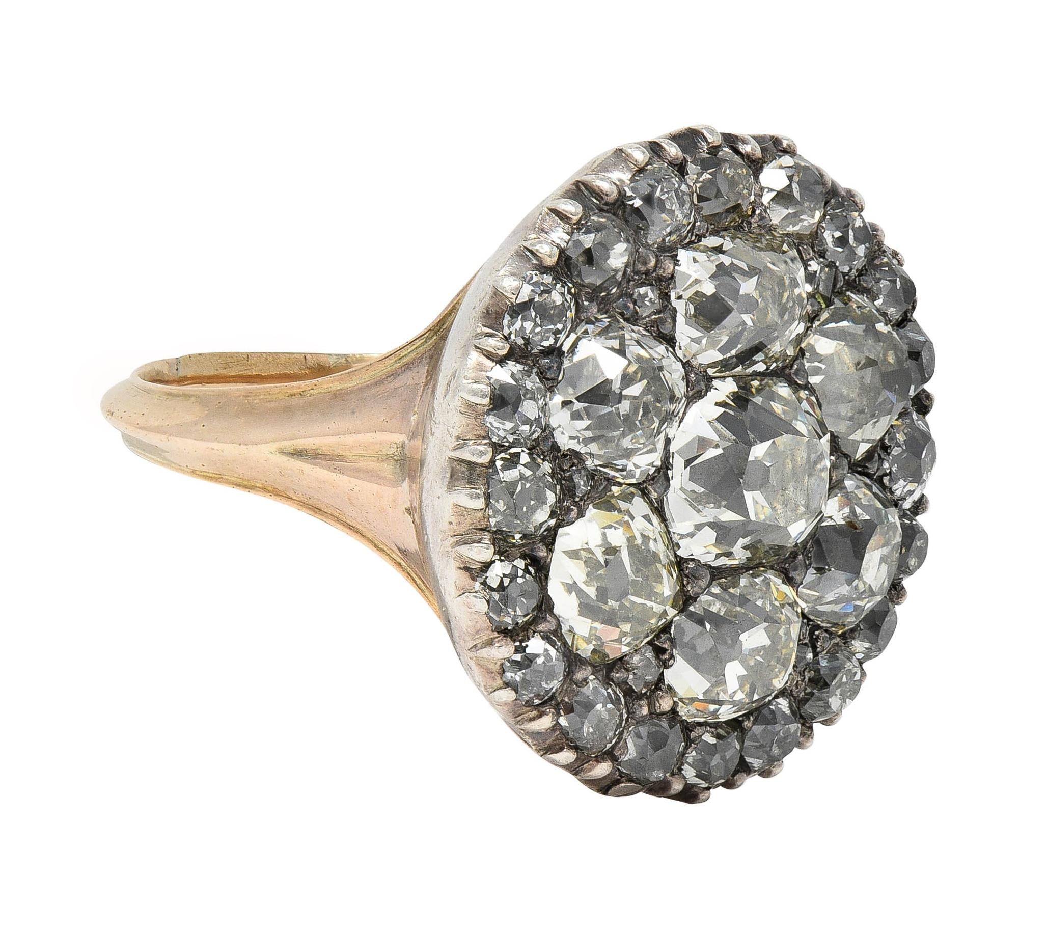 Georgian 7.49 CTW Old Mine Diamond Silver-Topped 14K Gold Antique Button Ring