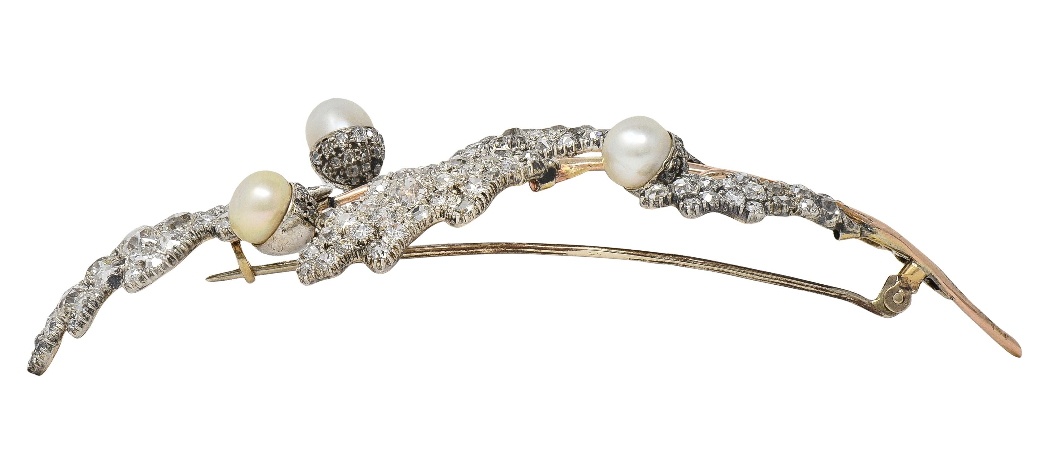 Victorian Natural Pearl Diamond 14K Gold Silver Antique Acorn Branch Brooch
