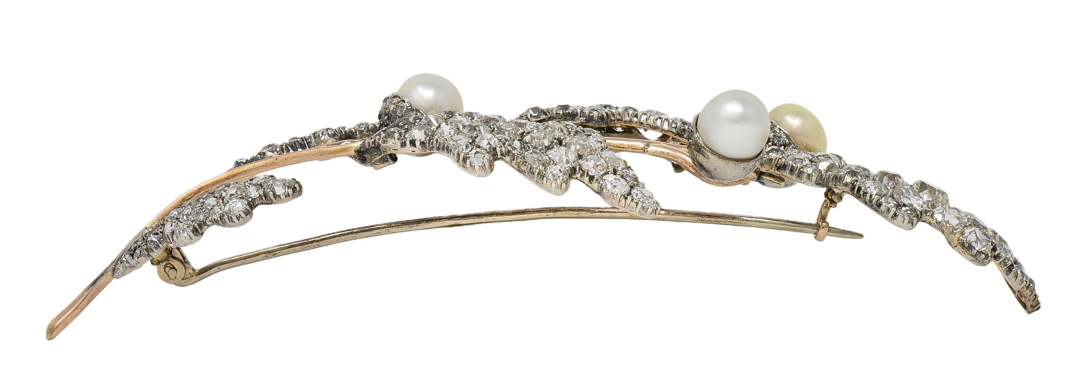 Victorian Natural Pearl Diamond 14K Gold Silver Antique Acorn Branch Brooch
