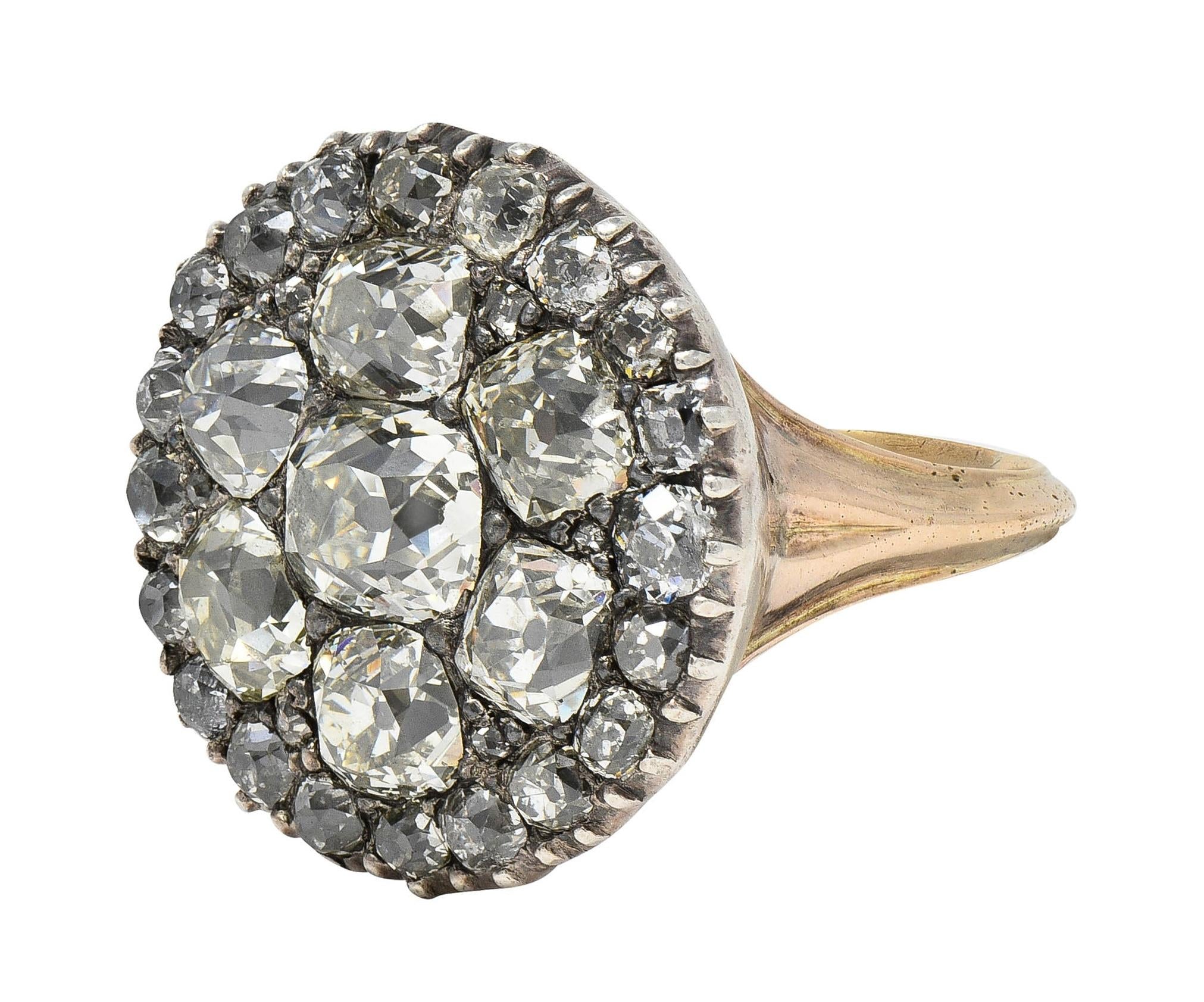 Georgian 7.49 CTW Old Mine Diamond Silver-Topped 14K Gold Antique Button Ring