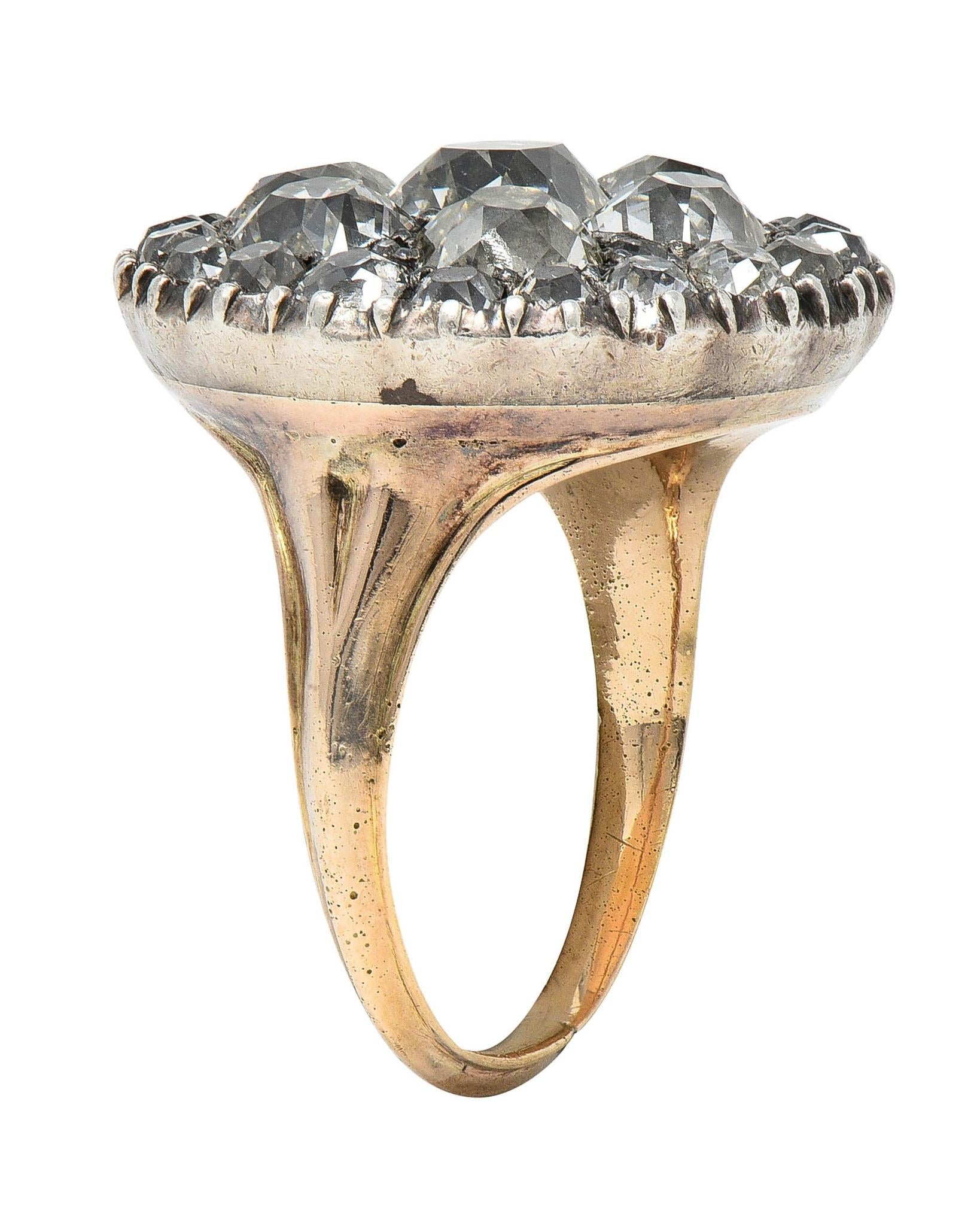 Georgian 7.49 CTW Old Mine Diamond Silver-Topped 14K Gold Antique Button Ring