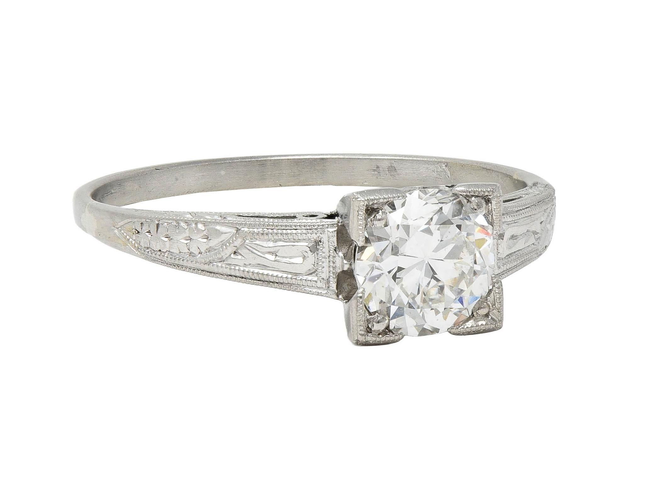 Art Deco 0.67 CTW OEC Diamond Platinum Vintage Floral Solitaire Engagement Ring