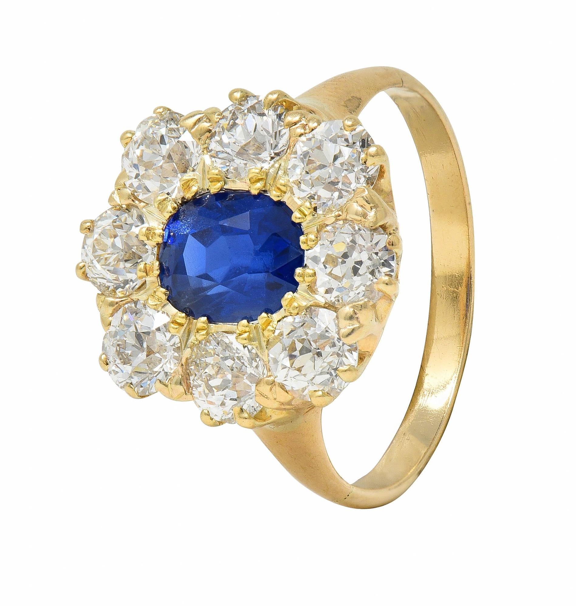 Victorian 3.20 CTW No Heat Burma Sapphire Diamond 14K Gold Antique Halo Ring GIA