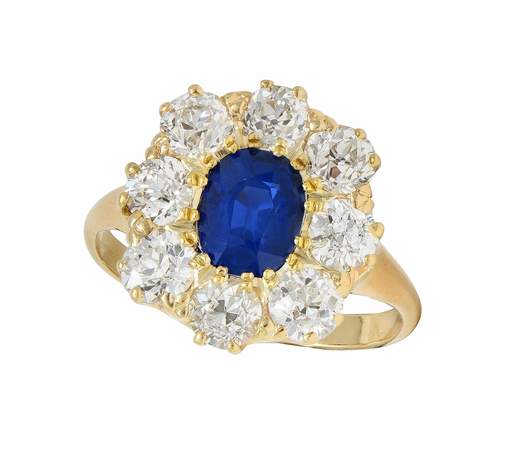 Victorian 3.20 CTW No Heat Burma Sapphire Diamond 14K Gold Antique Halo Ring GIA