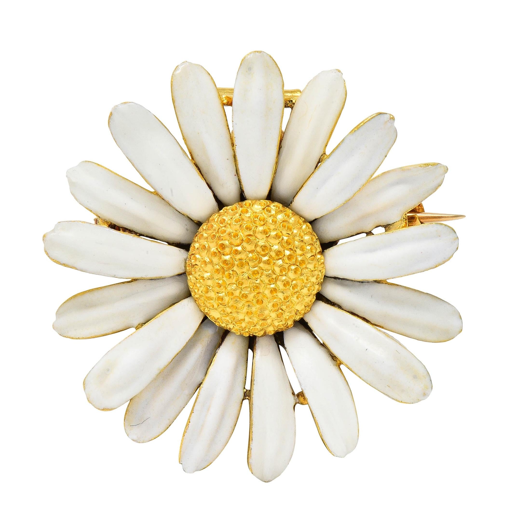 Tiffany & Co. Antique Enamel 18 Karat Yellow Gold Daisy Flower Pendant Brooch